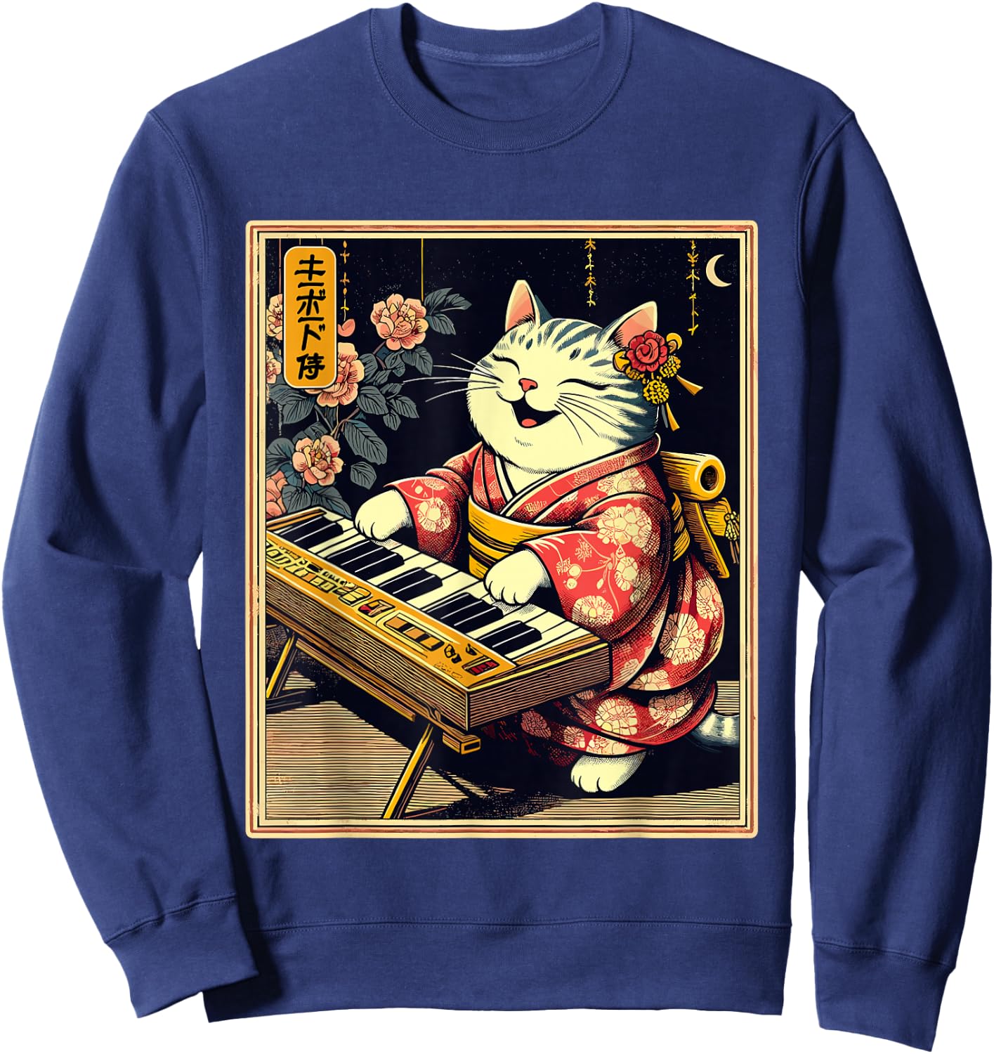 Japanese Samurai Cat Playing The Keyboard Sweatshirt - Sweatshirt | Navy