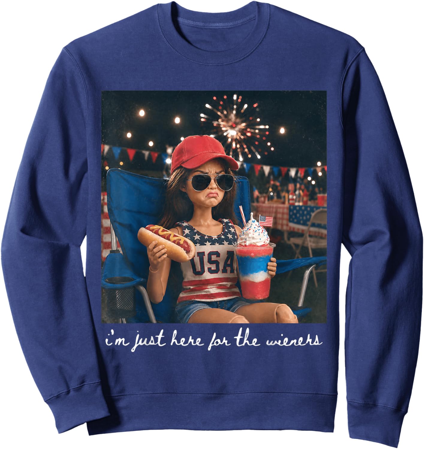 I'm Just Here for The Wieners American Fireworks 4th of July Sweatshirt - Sweatshirt | Navy