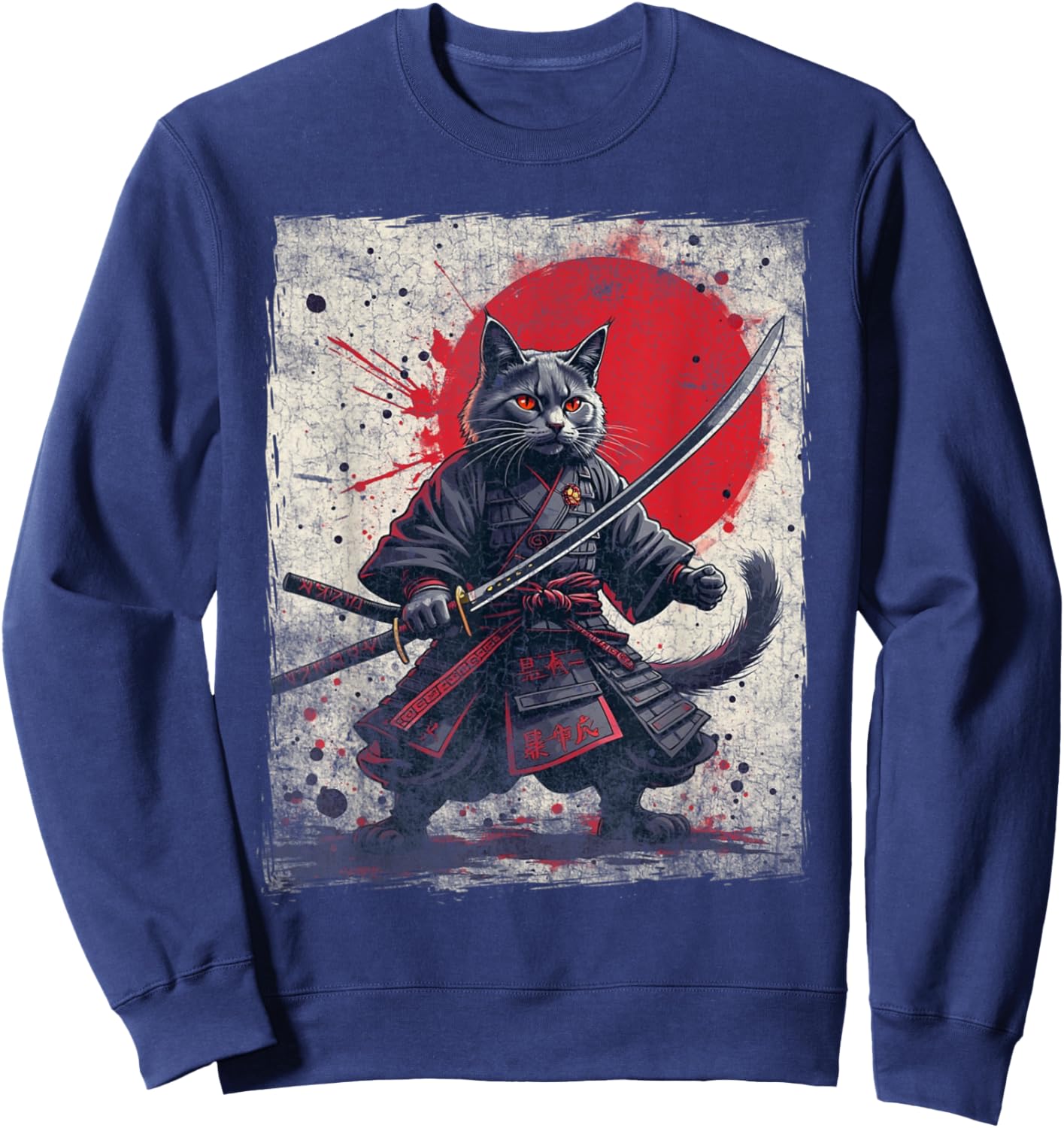 Samurai Cat Ukiyo-e Warrior Art Vintage Ninja Cat Graphic Women Kids Sweatshirt - Sweatshirt | Navy