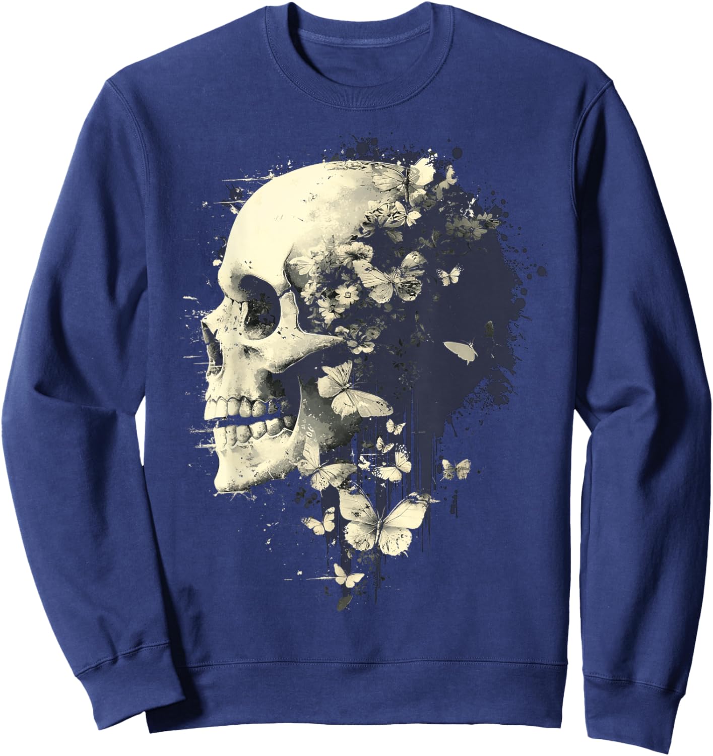 Trendy Grungecore Skull Fairy Flowers Gothic Emo Y2K 2000s Sweatshirt - Sweatshirt | Navy
