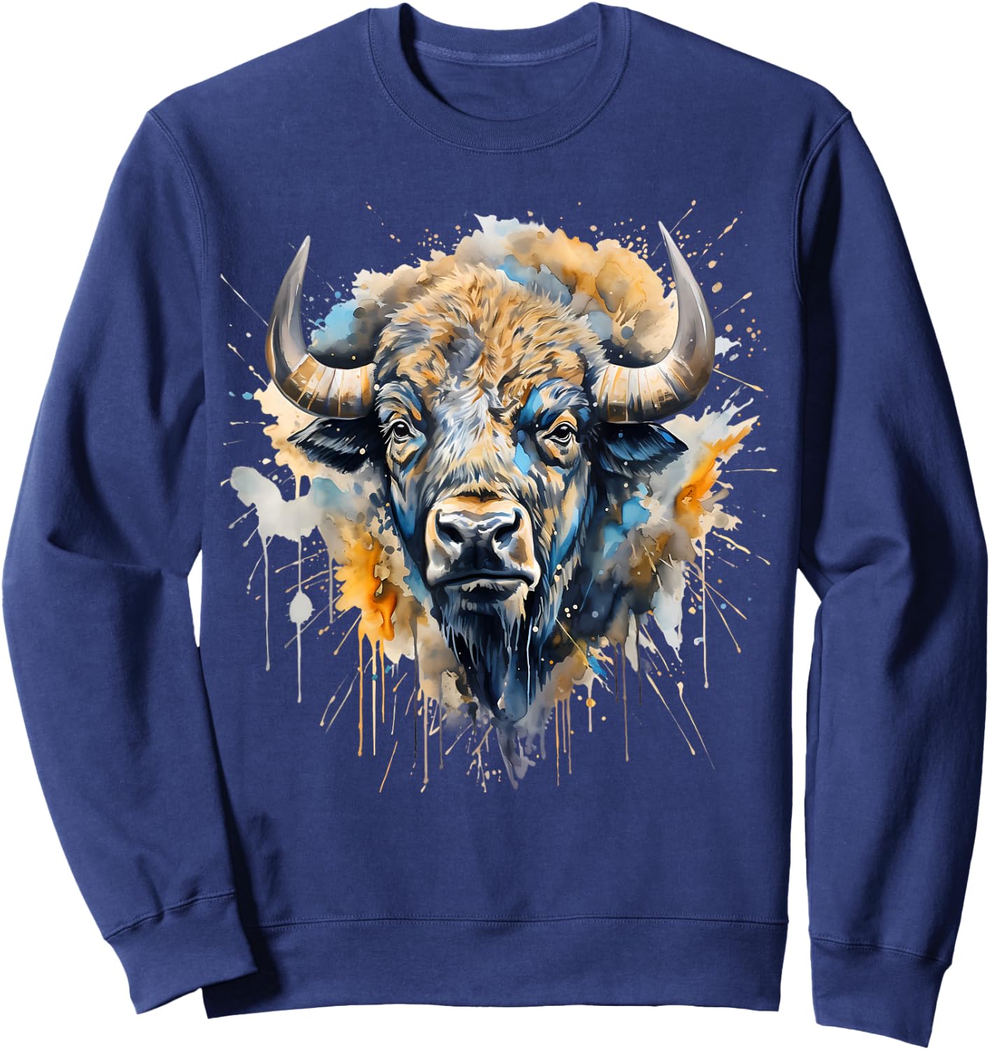 Buffalo Portrait Colorful Splash Artwork Wildlife Bison Sweatshirt - Sweatshirt | Navy