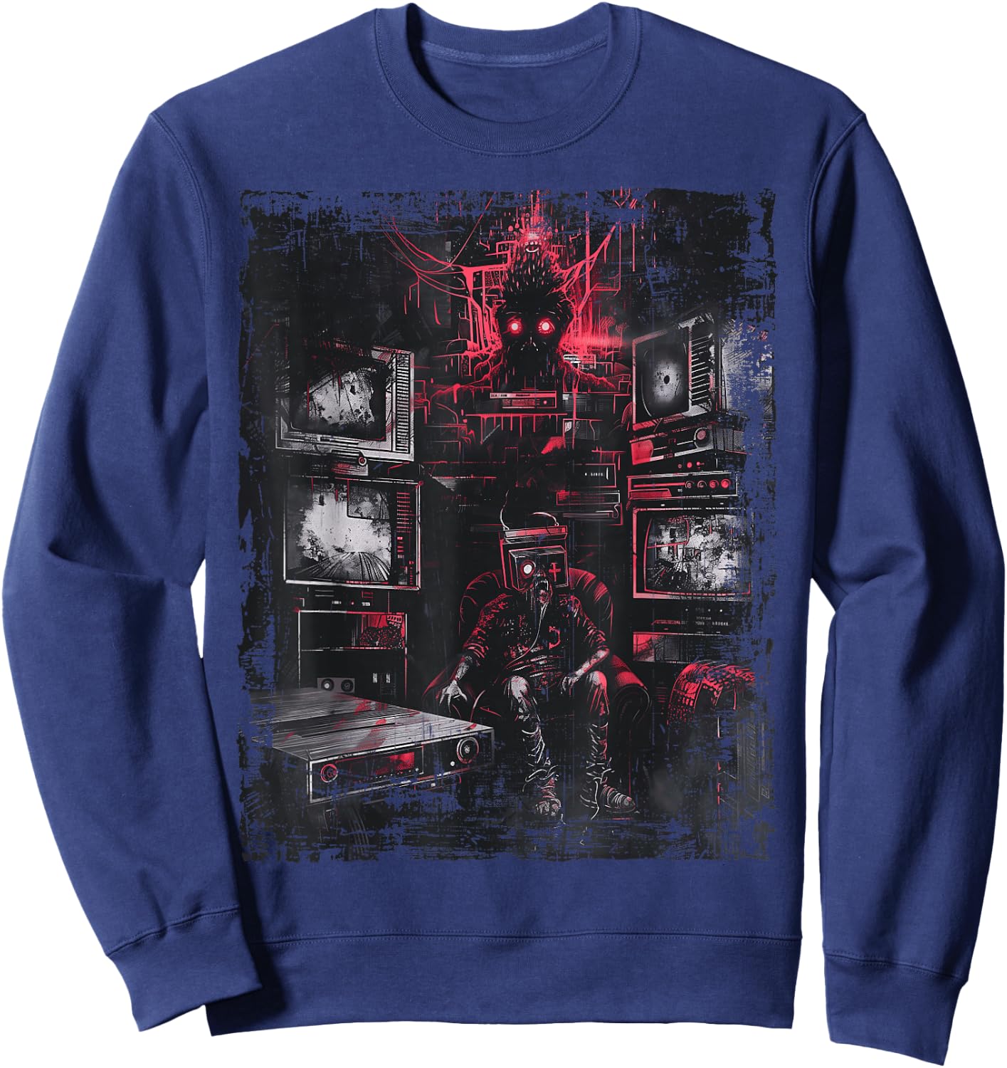 Television Weirdcore Glitchcore Mask Digital Horror Grunge Sweatshirt - Sweatshirt | Navy
