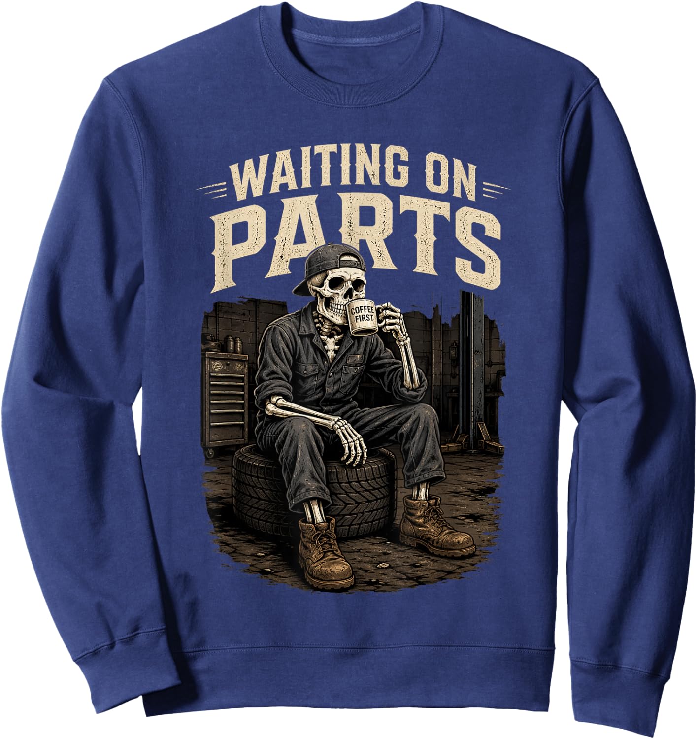 Mechanic Shirt Auto Repair Waiting on Parts Distressed Sweatshirt - Sweatshirt | Navy