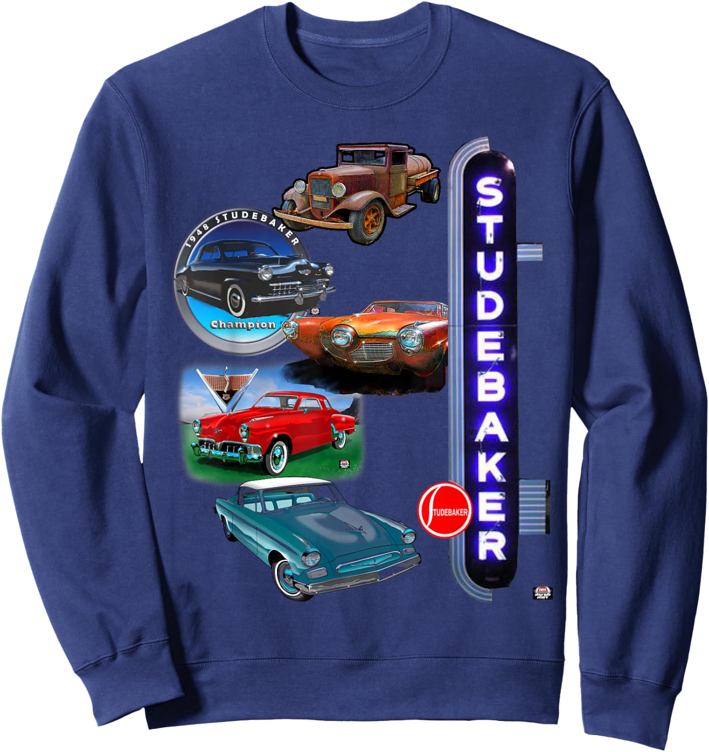 Classic Studebakers and the dealer sign that sold them Sweatshirt - Sweatshirt | Navy