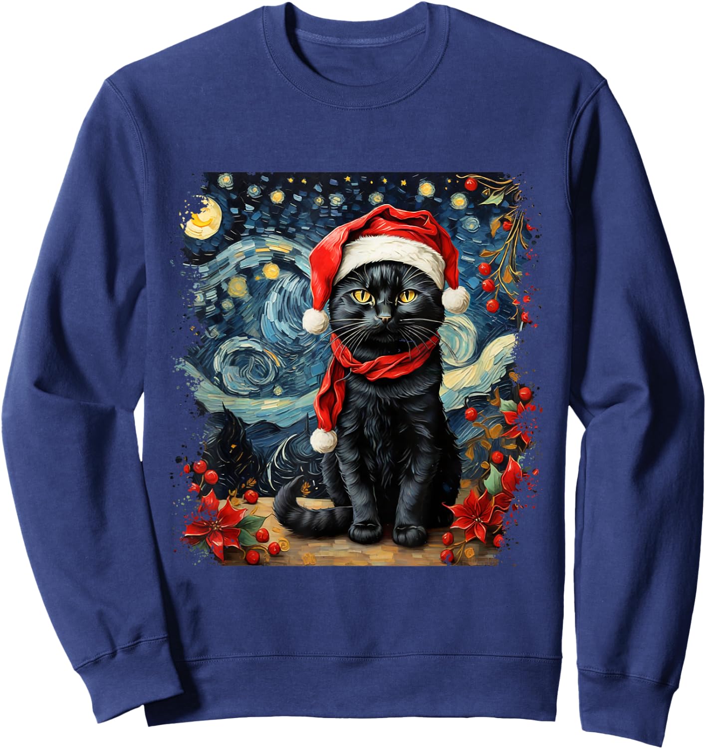 Van Gogh Starry Night Cat Funny Cat Christmas Sweatshirt - Sweatshirt | Navy