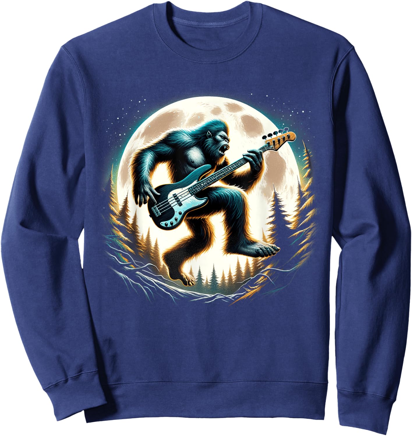 Sasquatch Bigfoot Playing Bass Guitar Full Moon Rockstar Sweatshirt - Sweatshirt | Navy