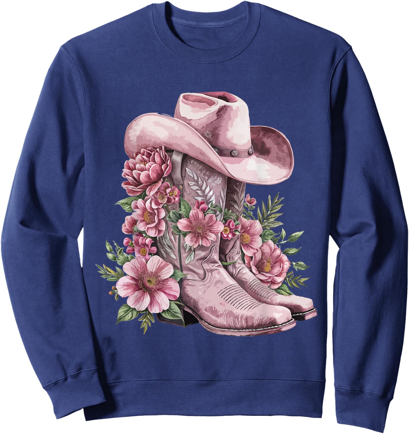 Watercolor Cowgirl Floral Boots Hat Western Boots Boho Women Sweatshirt - Sweatshirt | Navy