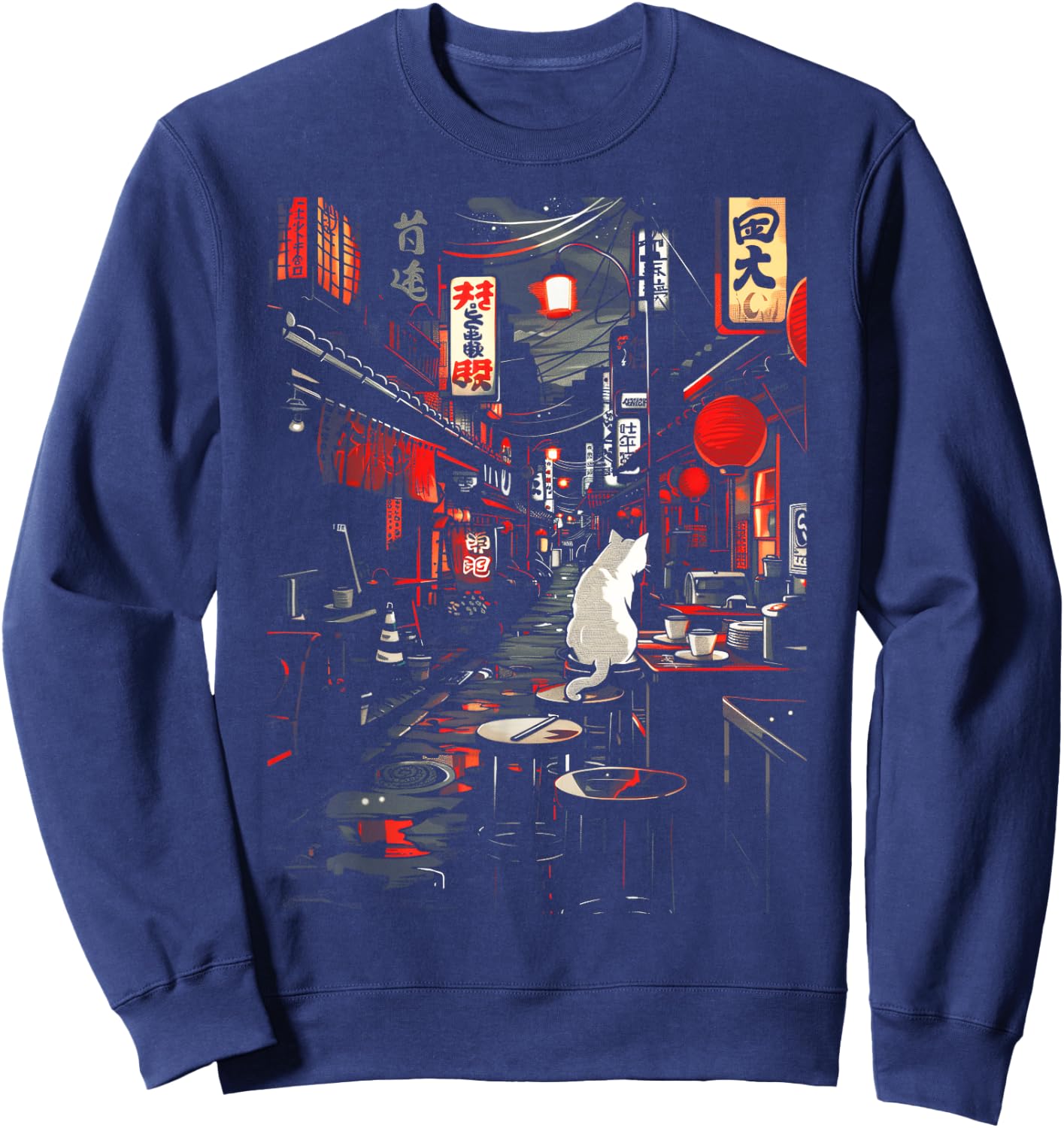 Japanese City Vintage Cat Sushi Japanese street Men Women Sweatshirt - Sweatshirt | Navy