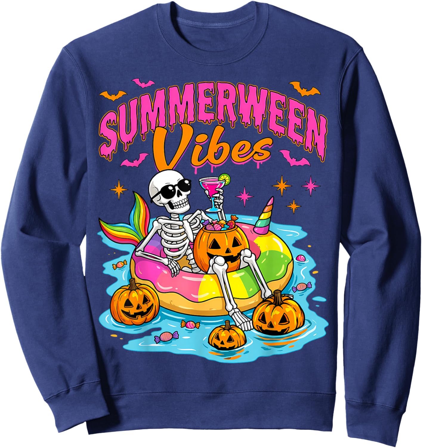 Summerween Funny Skeletons Halloween Floating Pool Pumpkin Sweatshirt - Sweatshirt | Navy