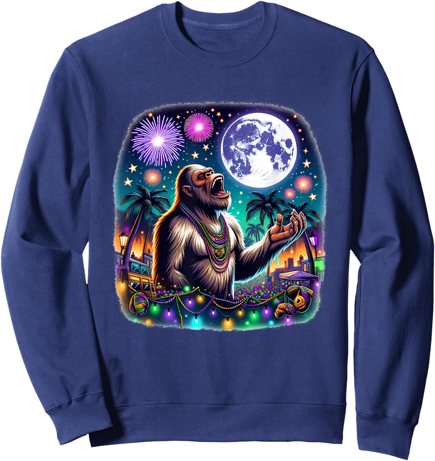 Bigfoot Meets Moon Over Mardi Gras New Orleans Fun Sweatshirt - Sweatshirt | Navy