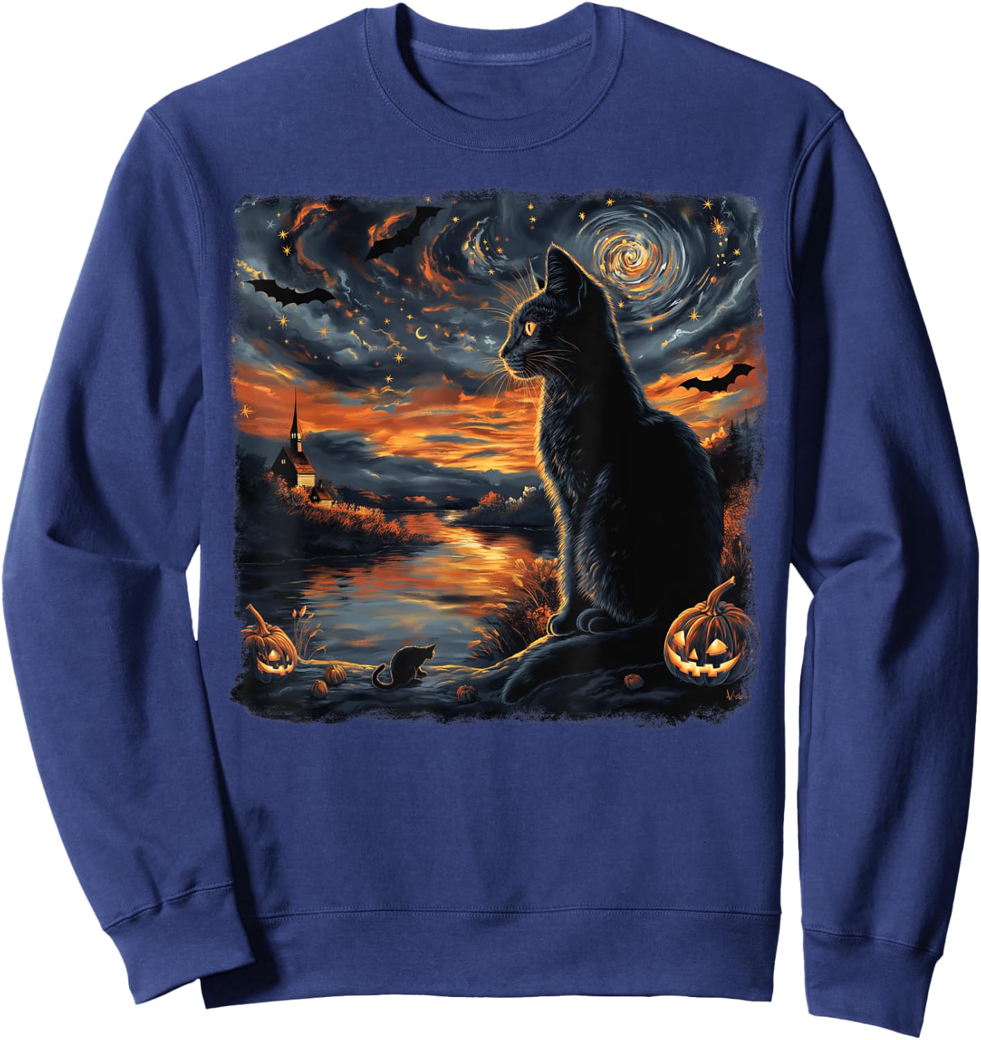 Halloween Van Gogh Starry Night Black Cat Pumpkins Bats Women Kids Sweatshirt - Sweatshirt | Navy