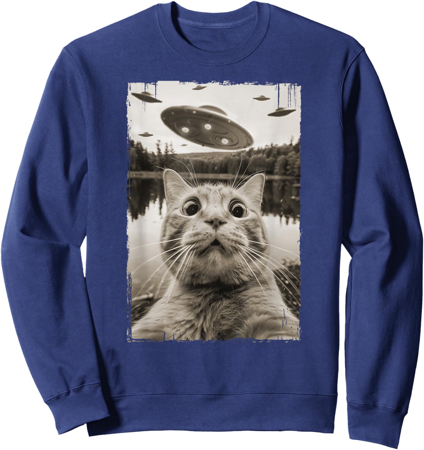 Vintage Cat UFO Encounters - Funny UFO and Cat Selfie Women Kids Sweatshirt - Sweatshirt | Navy