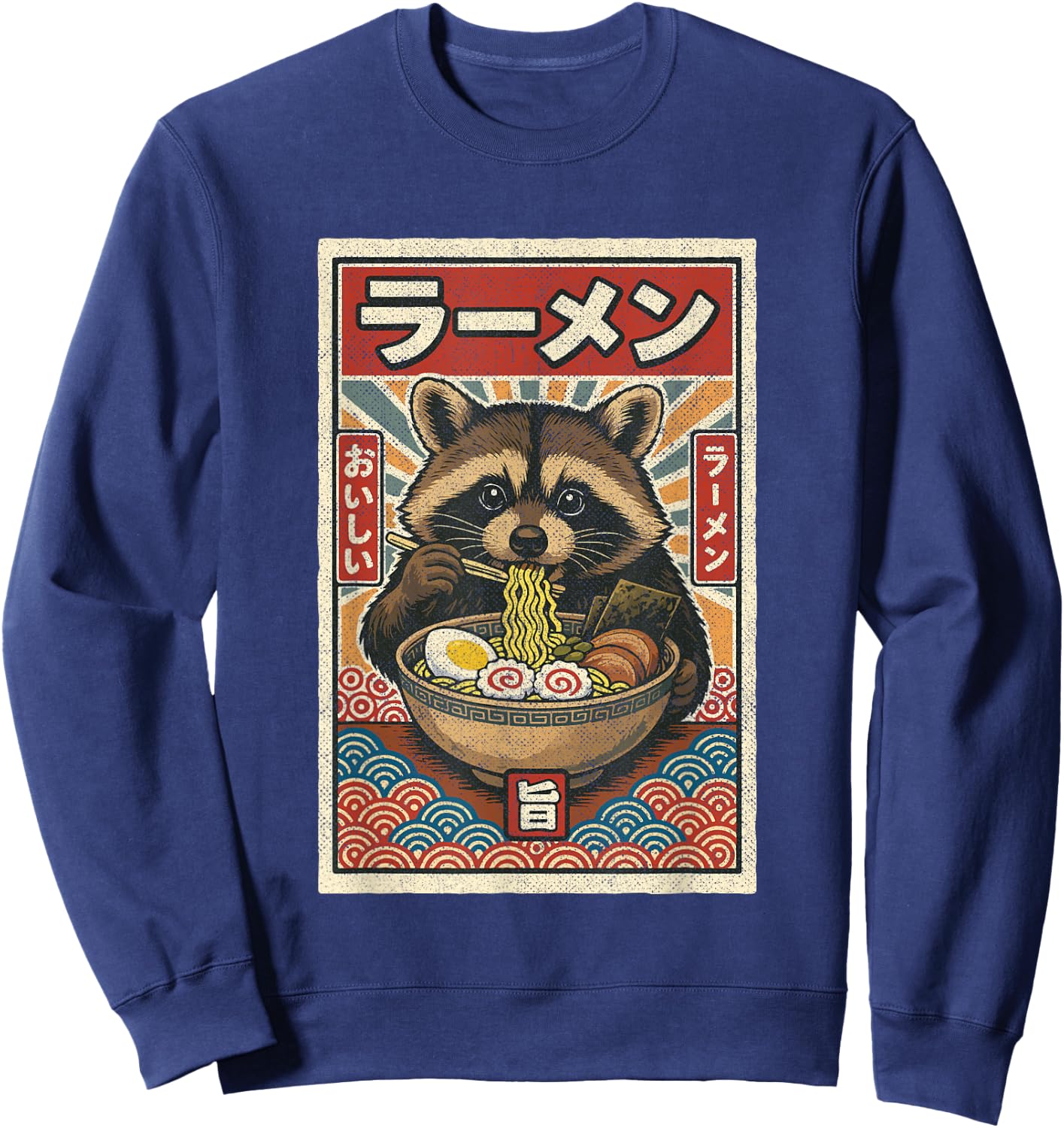 Kawaii Raccoon Retro Vintage Japanese Slurping Ramen Funny Sweatshirt - Sweatshirt | Navy