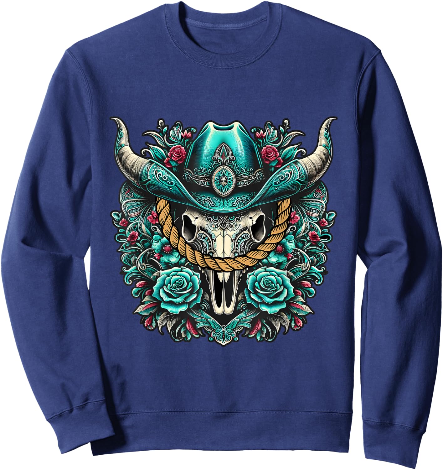 Turquoise Cow Skull Western Graphic Bull Skull Rodeo Queen Sweatshirt - Sweatshirt | Navy