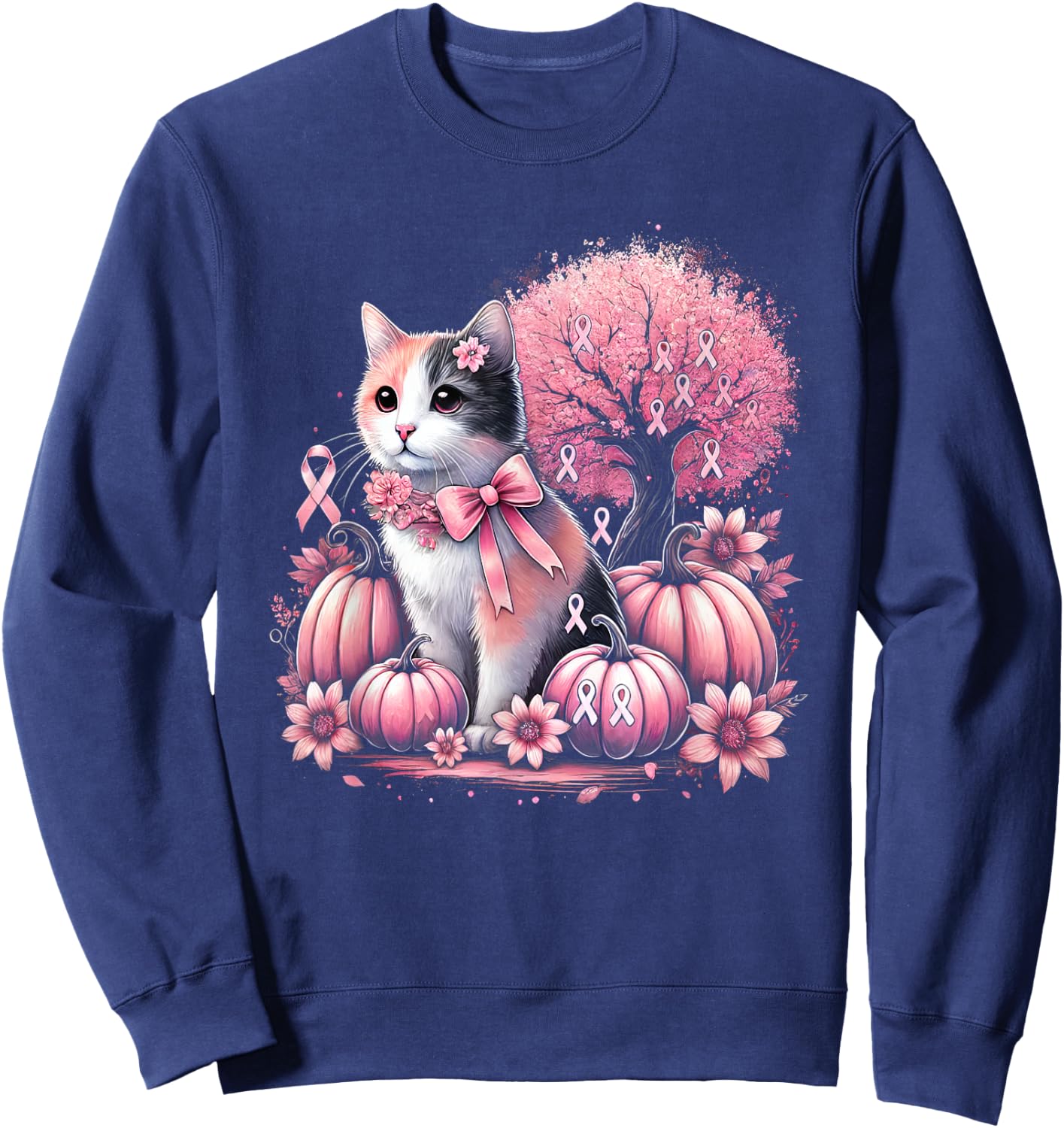 Cat Pink Flower Breast Cancer Awareness Men Women Kids Sweatshirt - Sweatshirt | Navy