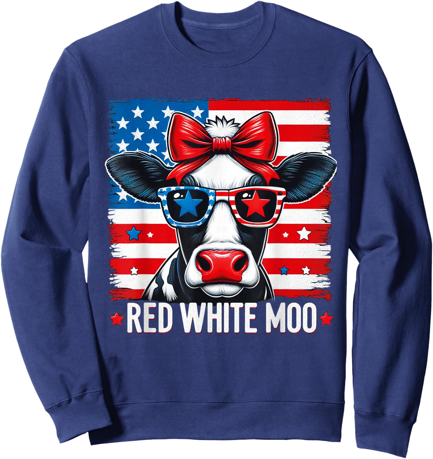 Patriotic Cow USA Flag 4th of July Red and White and Moo Sweatshirt - Sweatshirt | Navy