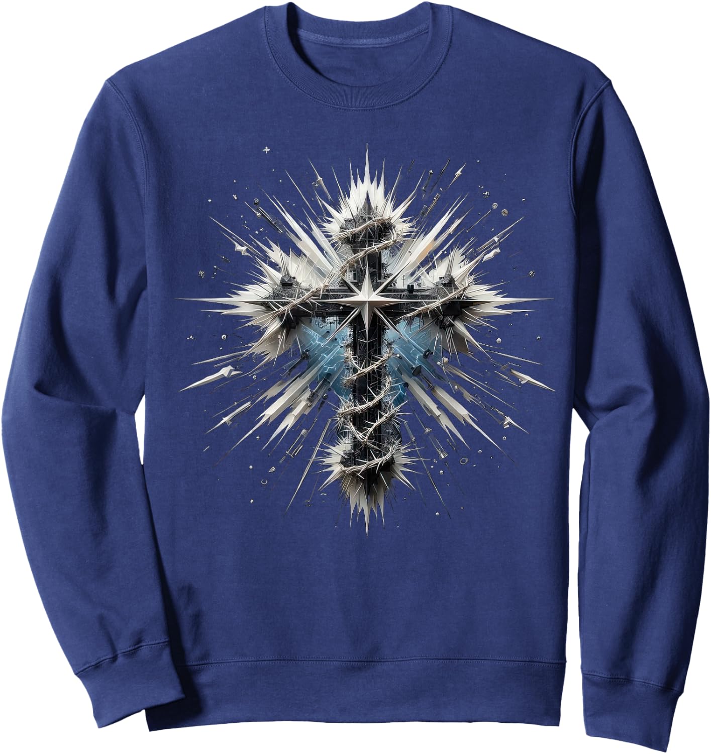 Christian Cross Punk-Art Style Distressed Crown of thorns Sweatshirt - Sweatshirt | Navy