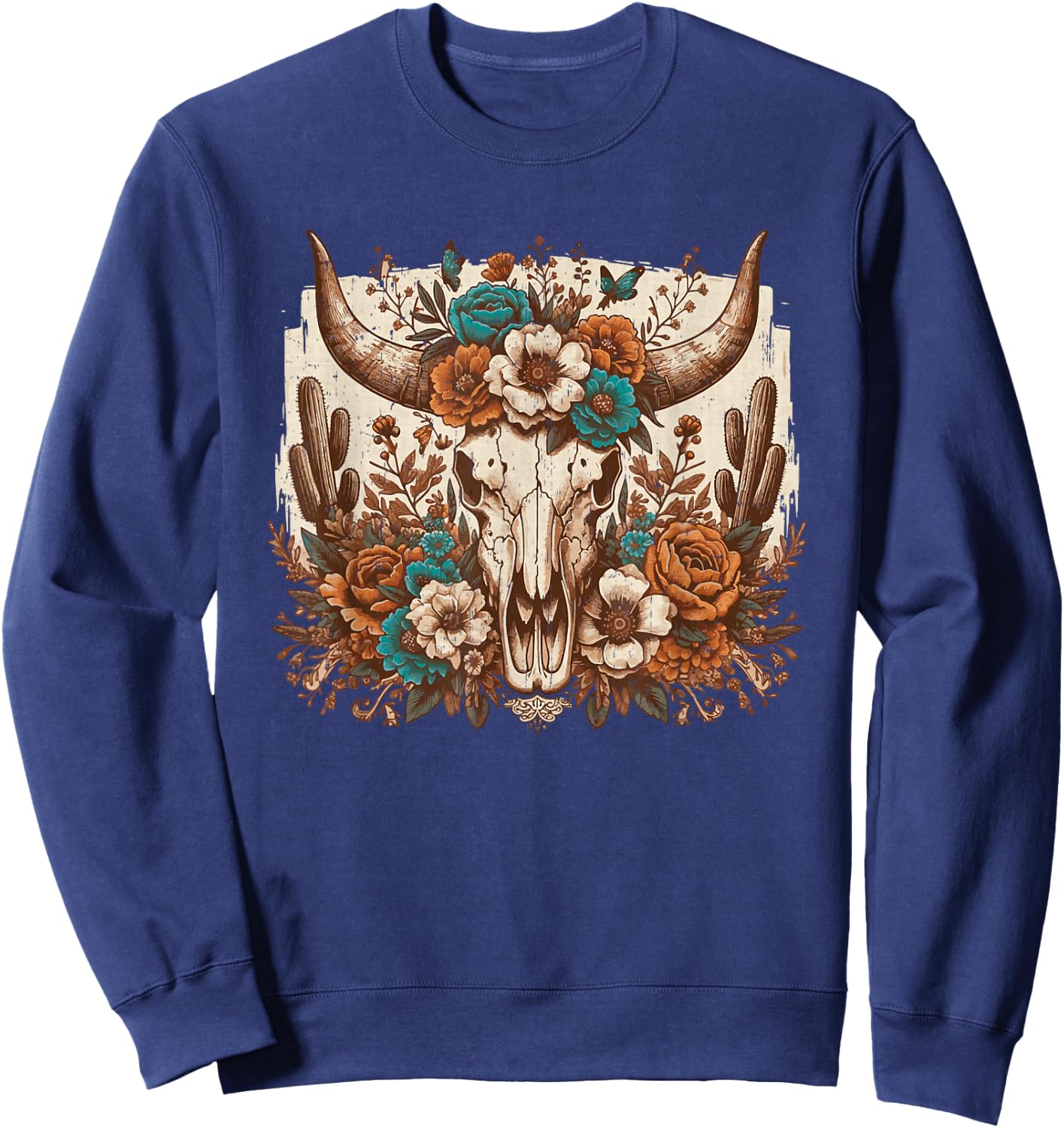 Western Boho Cow Bull Skull Flowers Wild West Country Sweatshirt - Sweatshirt | Navy
