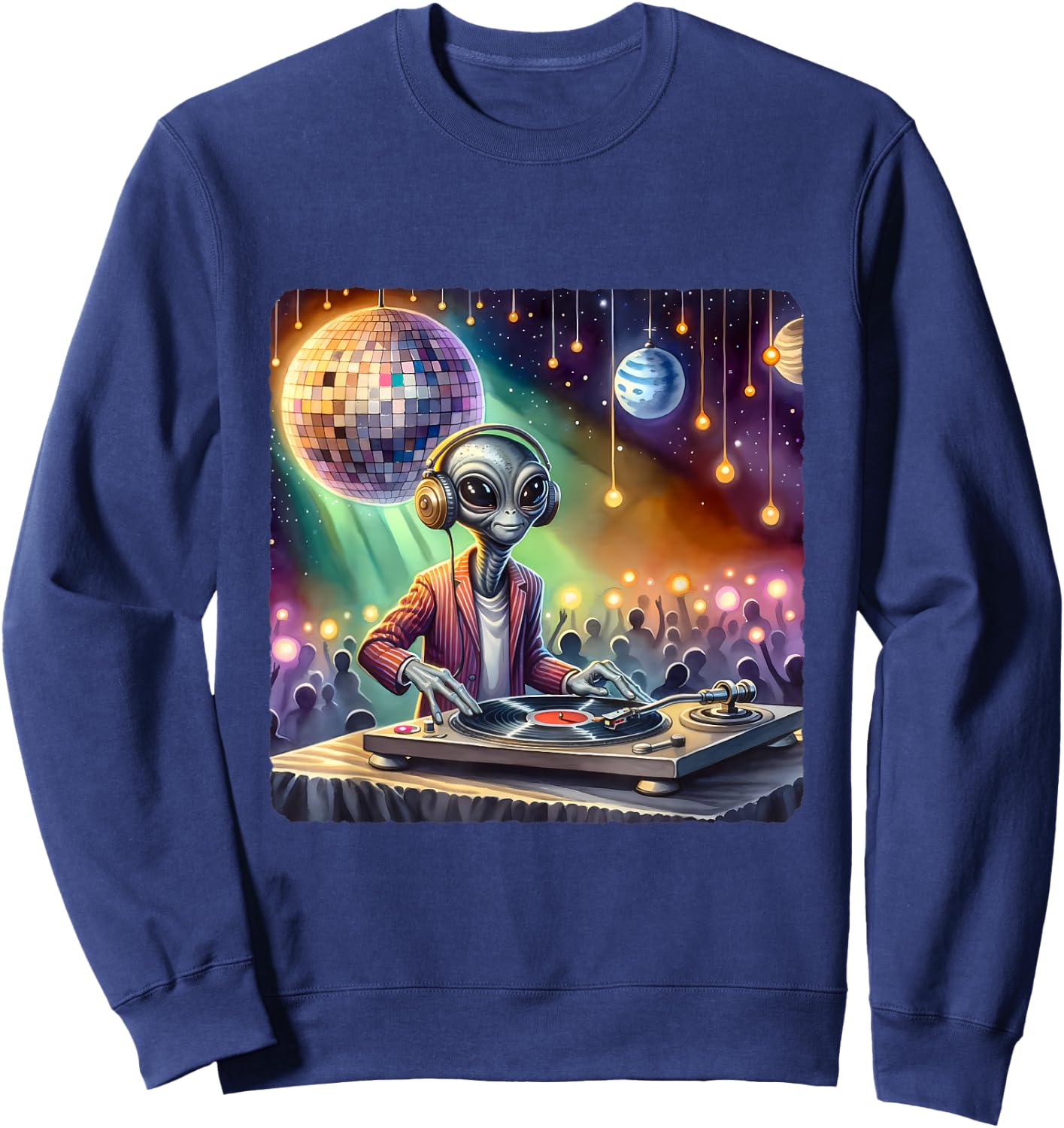 Alien Dj Under Mirror Ball Moon. Turntable Planets Lights Sweatshirt - Sweatshirt | Navy