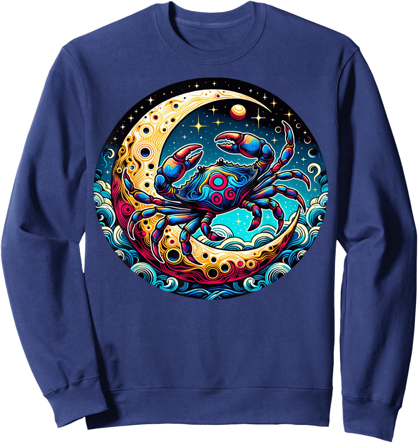 Colorful Abstract Crab On Crescent Moon With Waves And Stars Sweatshirt - Sweatshirt | Navy