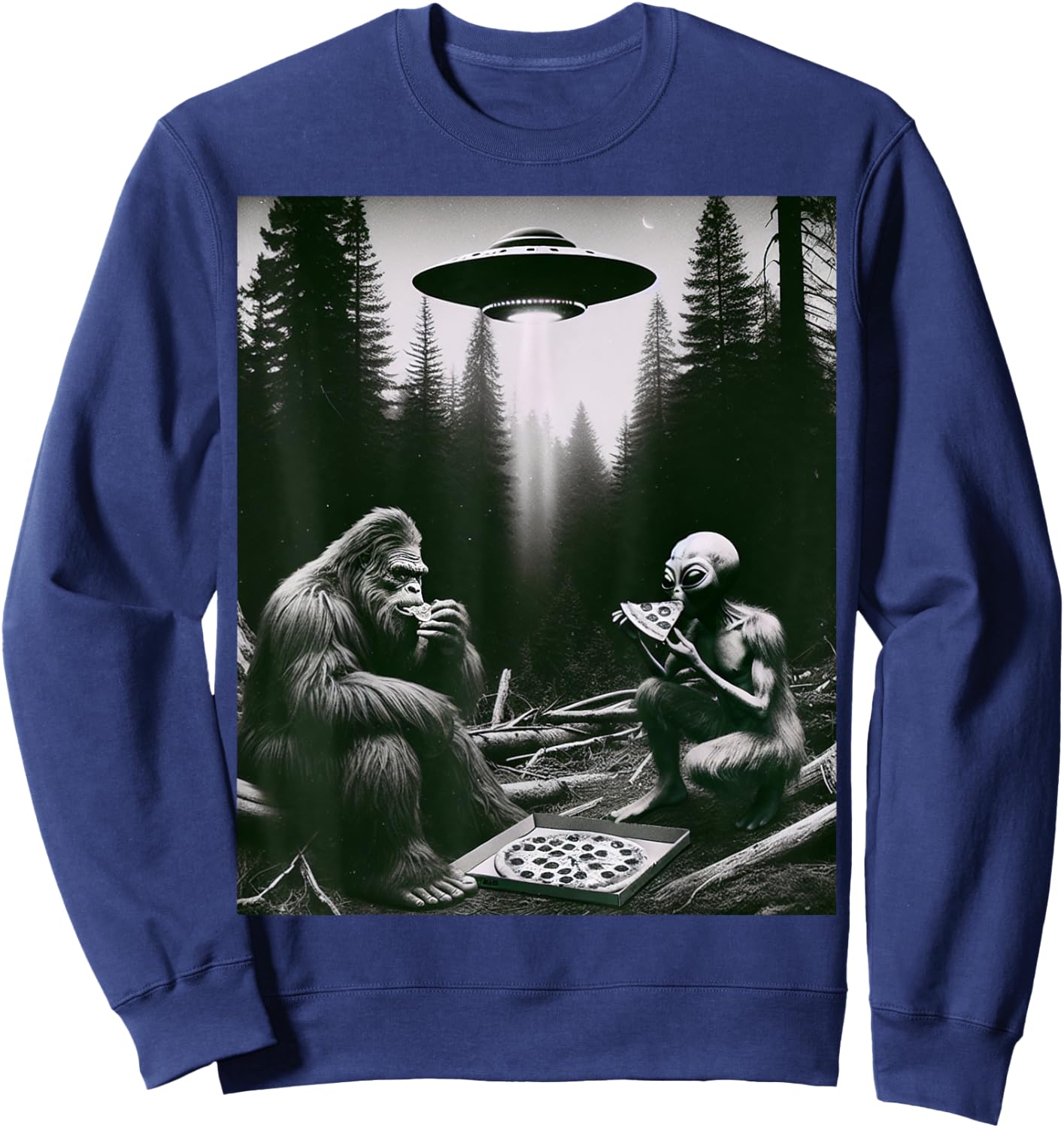 Funny Bigfoot With Alien Eating Pizza. Bigfoot And Alien UFO Sweatshirt - Sweatshirt | Navy