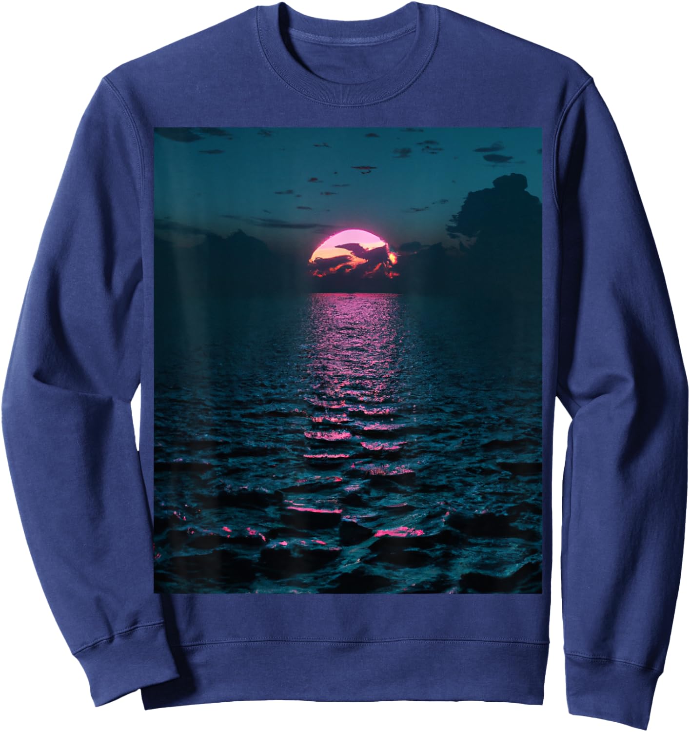 Vaporwave Aesthetic Sunset Above Dark Sea Sweatshirt - Sweatshirt | Navy