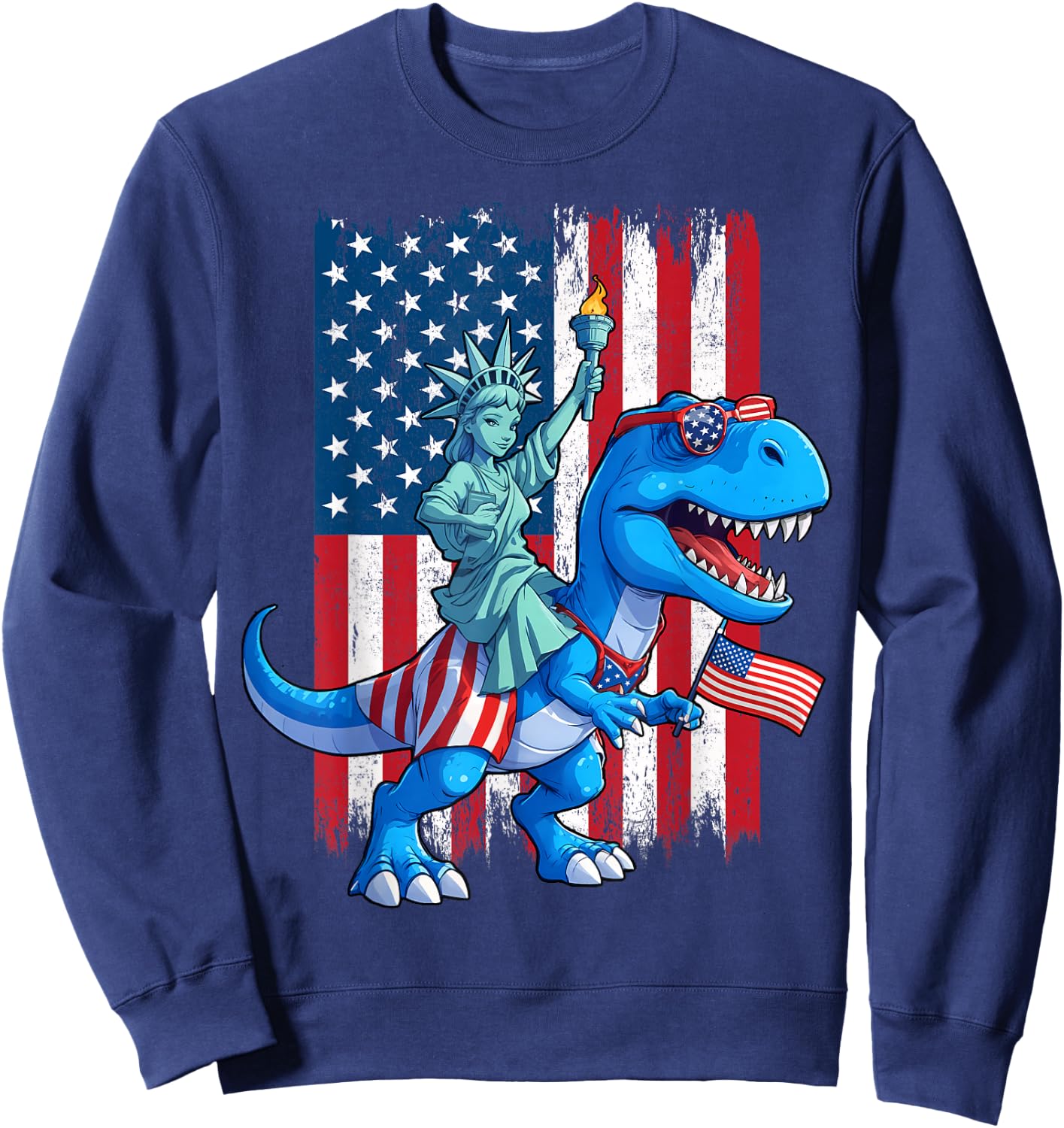 Dino Statue Of Liberty 4th Of July TRex American Flag Boys Sweatshirt - Sweatshirt | Navy