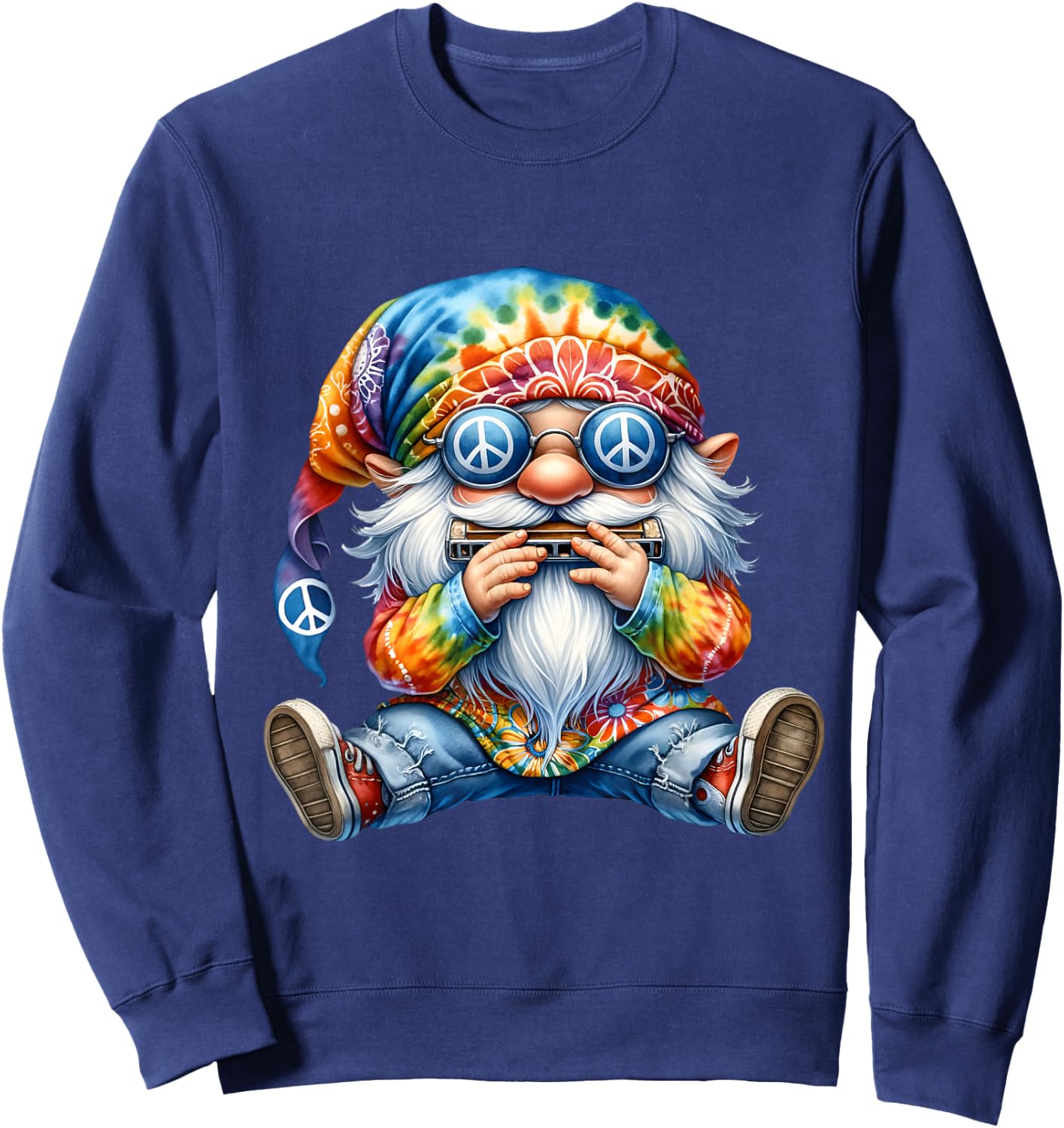 Groovy Hippie Gnome With Harmonica For Adults Funny Dad Life Sweatshirt - Sweatshirt | Navy