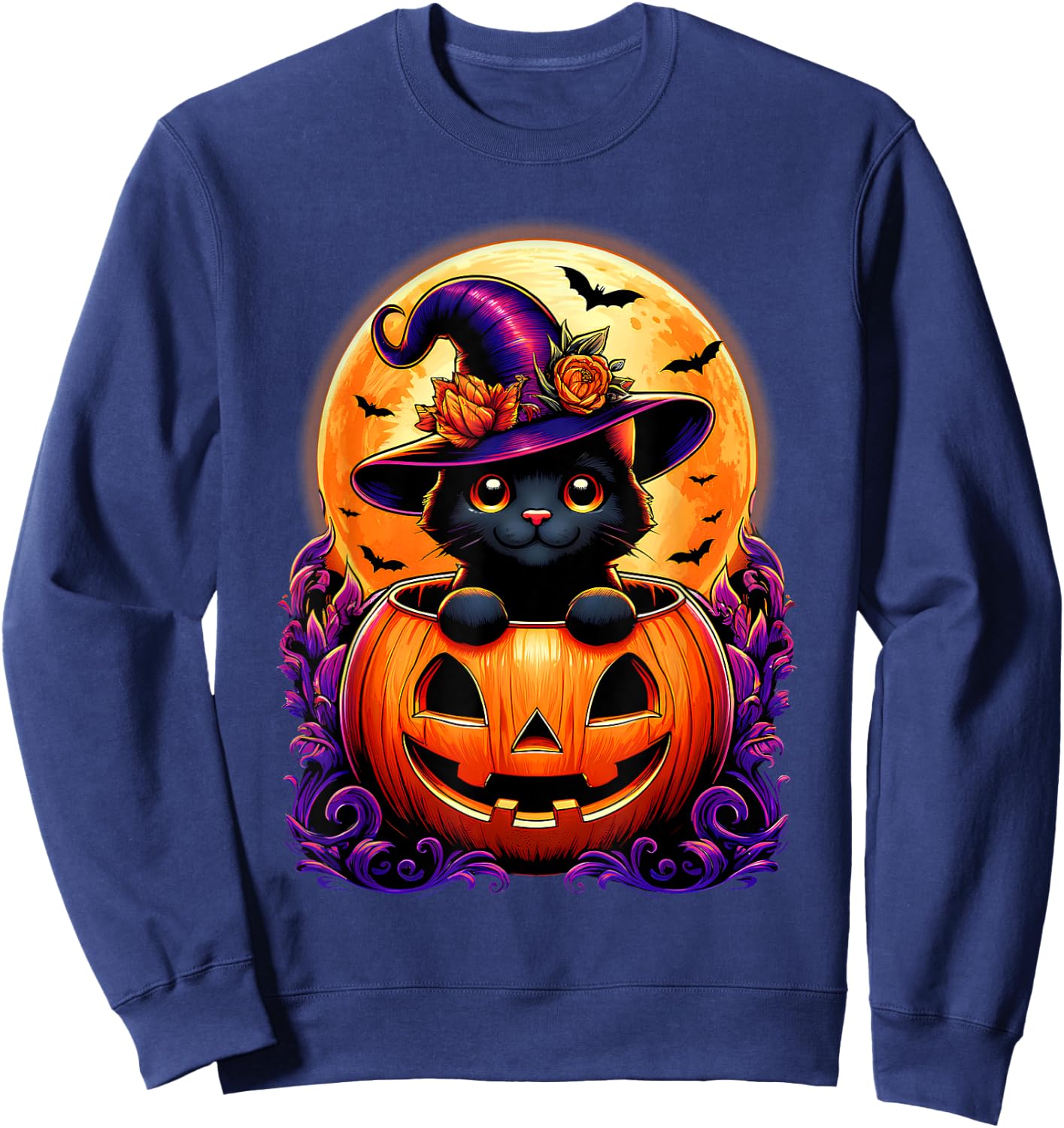 Black Cat Witch Hat Pumpkin Funny Halloween Men Women Kids Sweatshirt - Sweatshirt | Navy