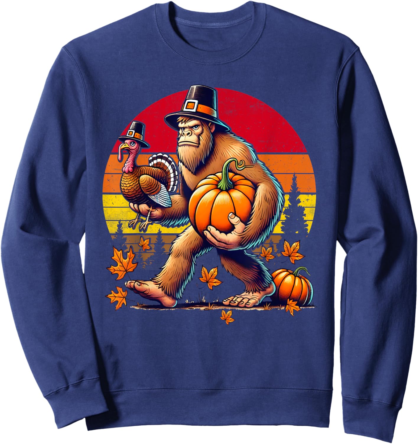 Bigfoot Pilgrim Turkey Pumpkin Sasquatch Retro Thanksgiving Sweatshirt - Sweatshirt | Navy