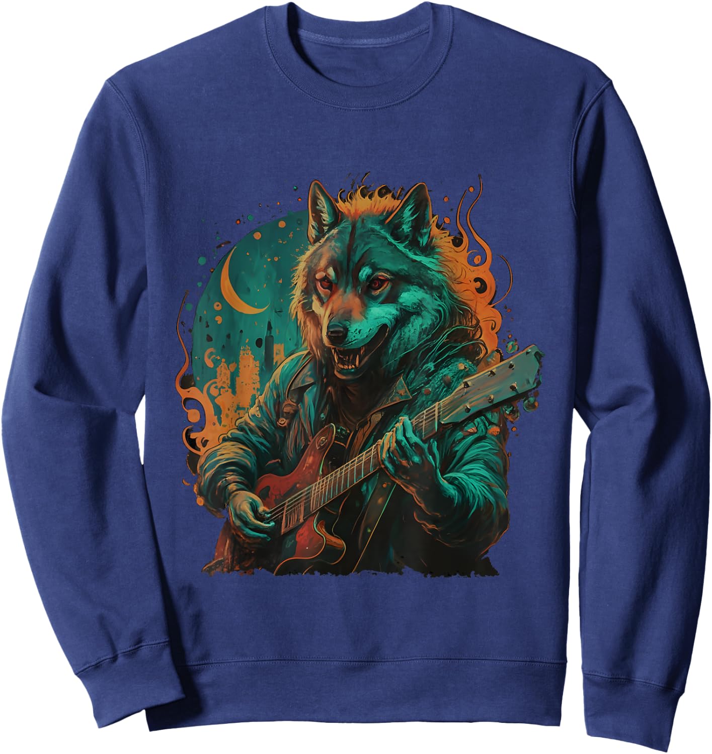 Wolf Playing Guitar Lover Rock Star Rock And Roll Guitarist Sweatshirt - Sweatshirt | Navy