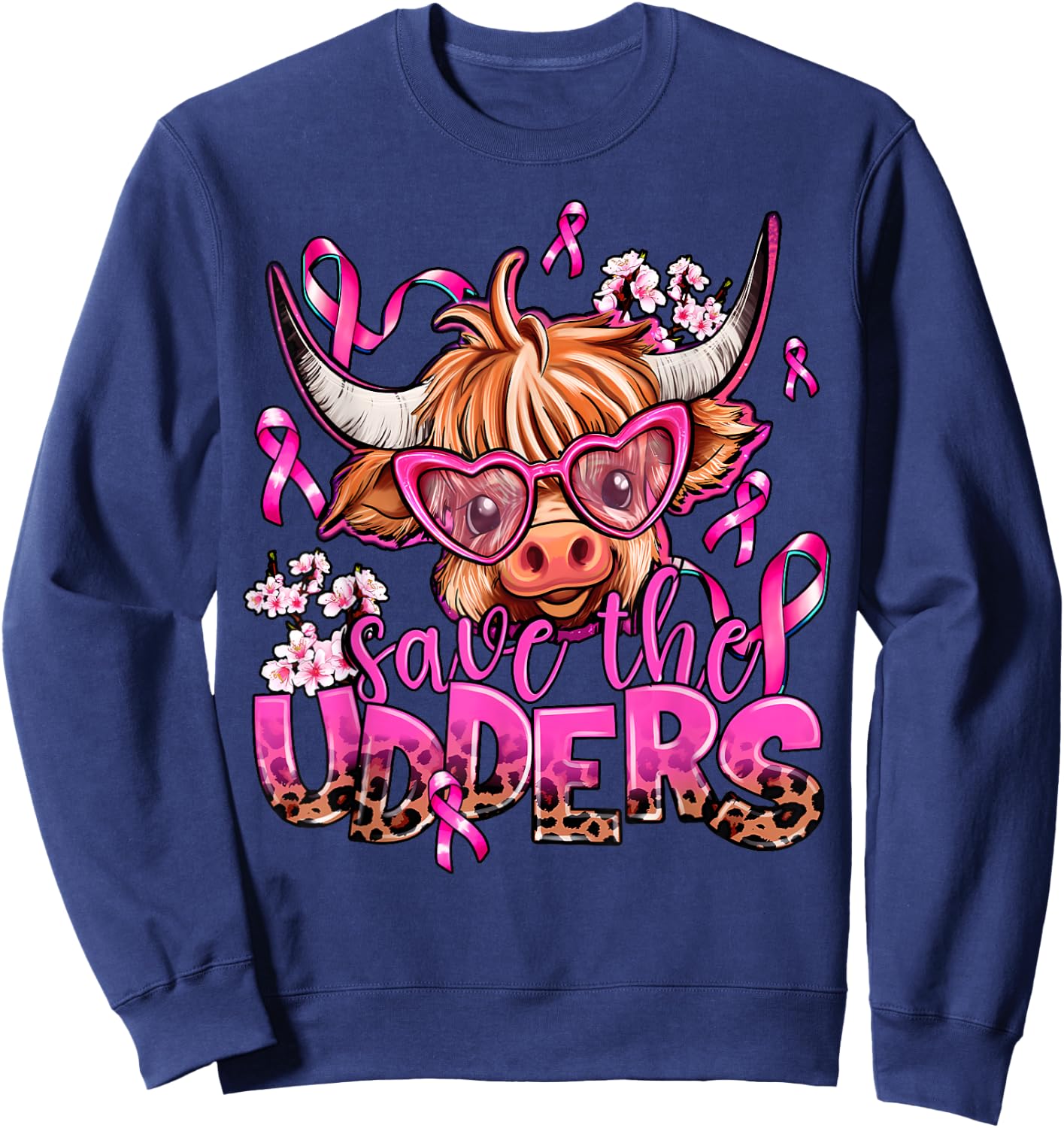 Save The Udders Highland Cow Pink Breast Cancer Awareness Sweatshirt - Sweatshirt | Navy