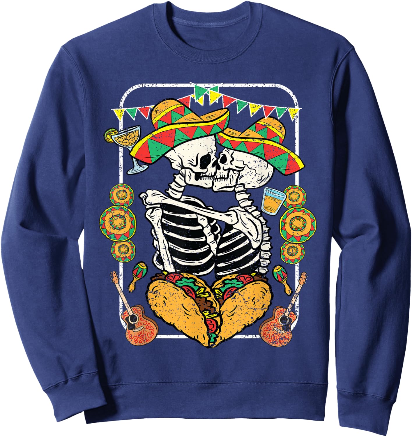 Skeleton Kissing Cinco De Mayo Mexican Sombrero Taco Heart Sweatshirt - Sweatshirt | Navy
