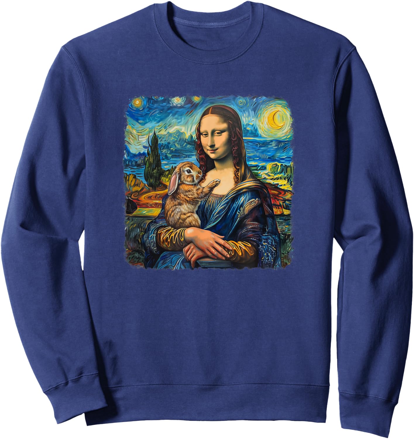 Mona Lisa with Rabbit Van Gogh Starry Night Painting Sweatshirt - Sweatshirt | Navy