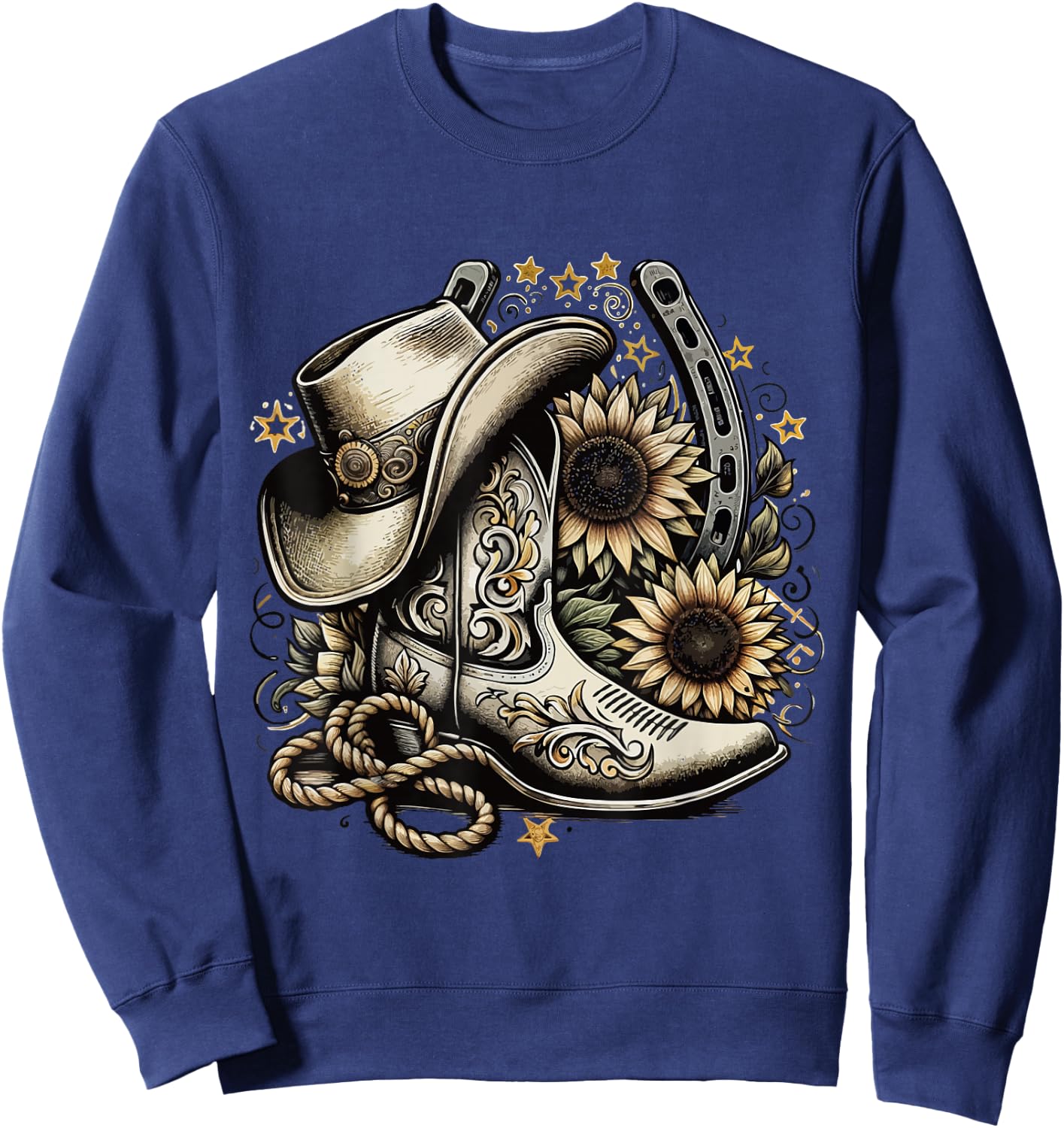 Western Cowboy Boot Horseshoe Sunflower Rope Cowgirl country , Small, Black Sweatshirt - Sweatshirt | Navy