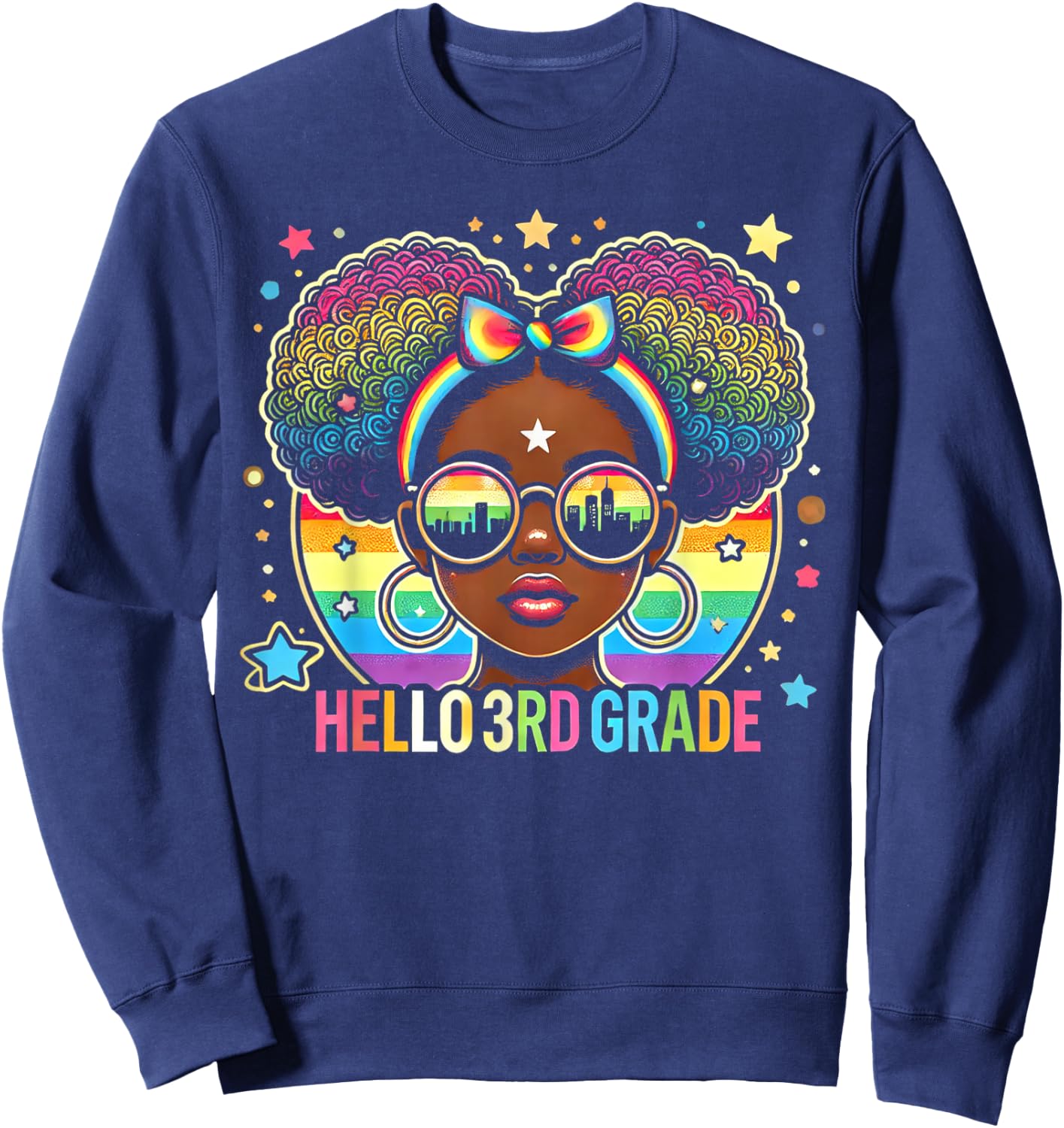Hello 3rd Grade Black Messy Bun Girls Kids Back To School Sweatshirt - Sweatshirt | Navy
