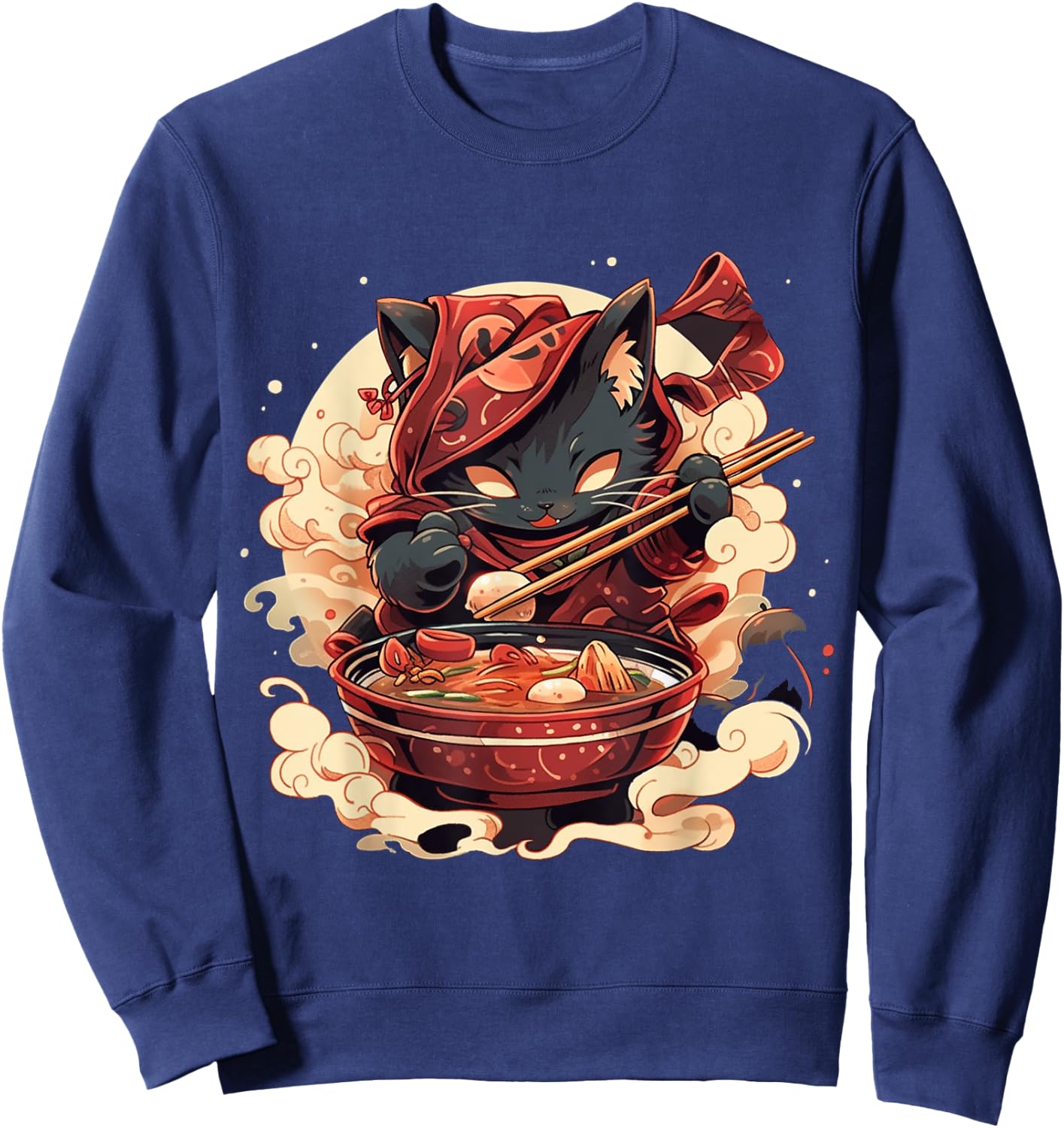 Japanese Art Ramen Cat Ninja Ukiyo-e Anime Style Samurai Cat Sweatshirt - Sweatshirt | Navy
