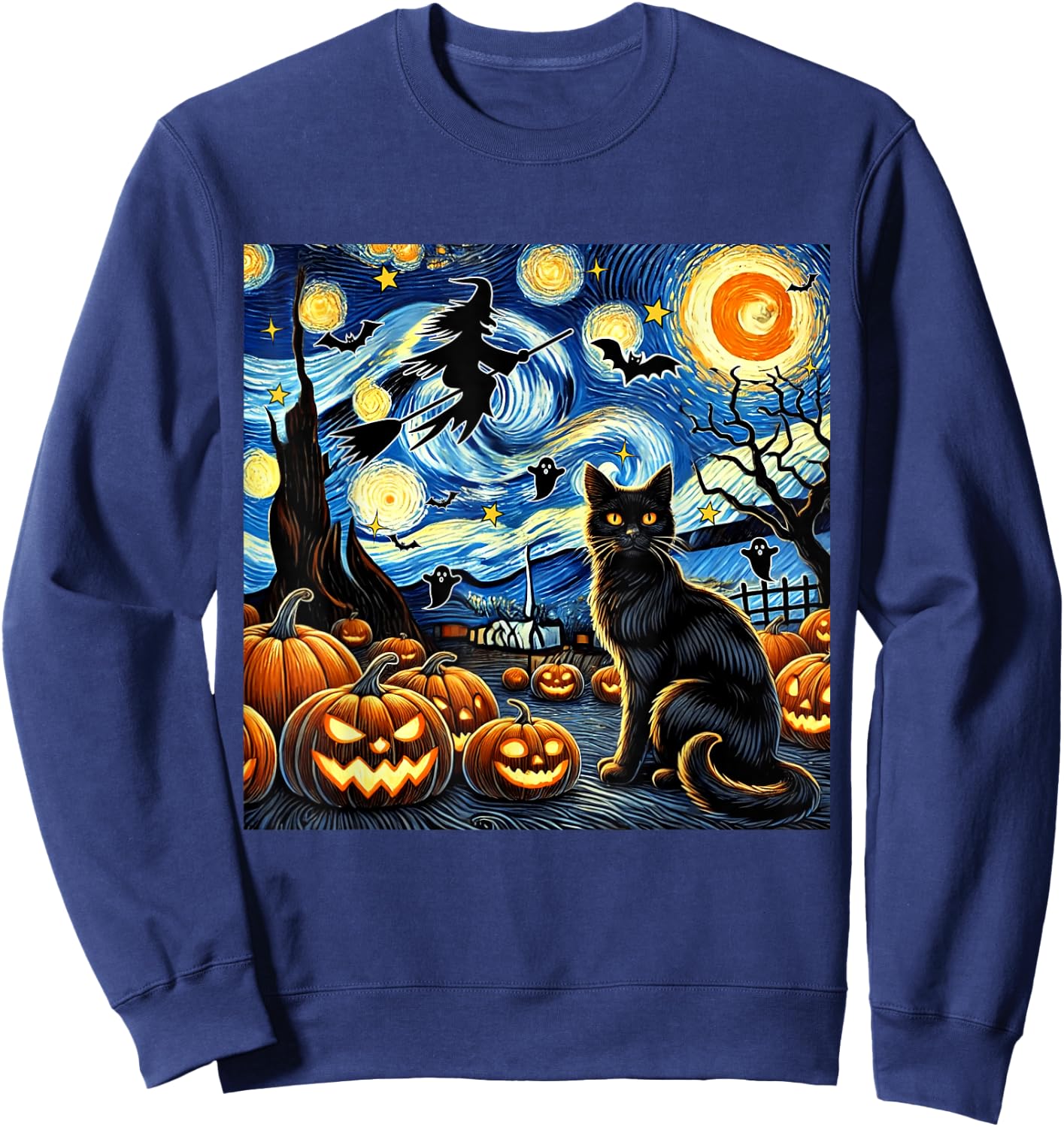 Halloween Cat Van Gogh Starry Night Witch Bats Pumpkin Women Kids Sweatshirt - Sweatshirt | Navy