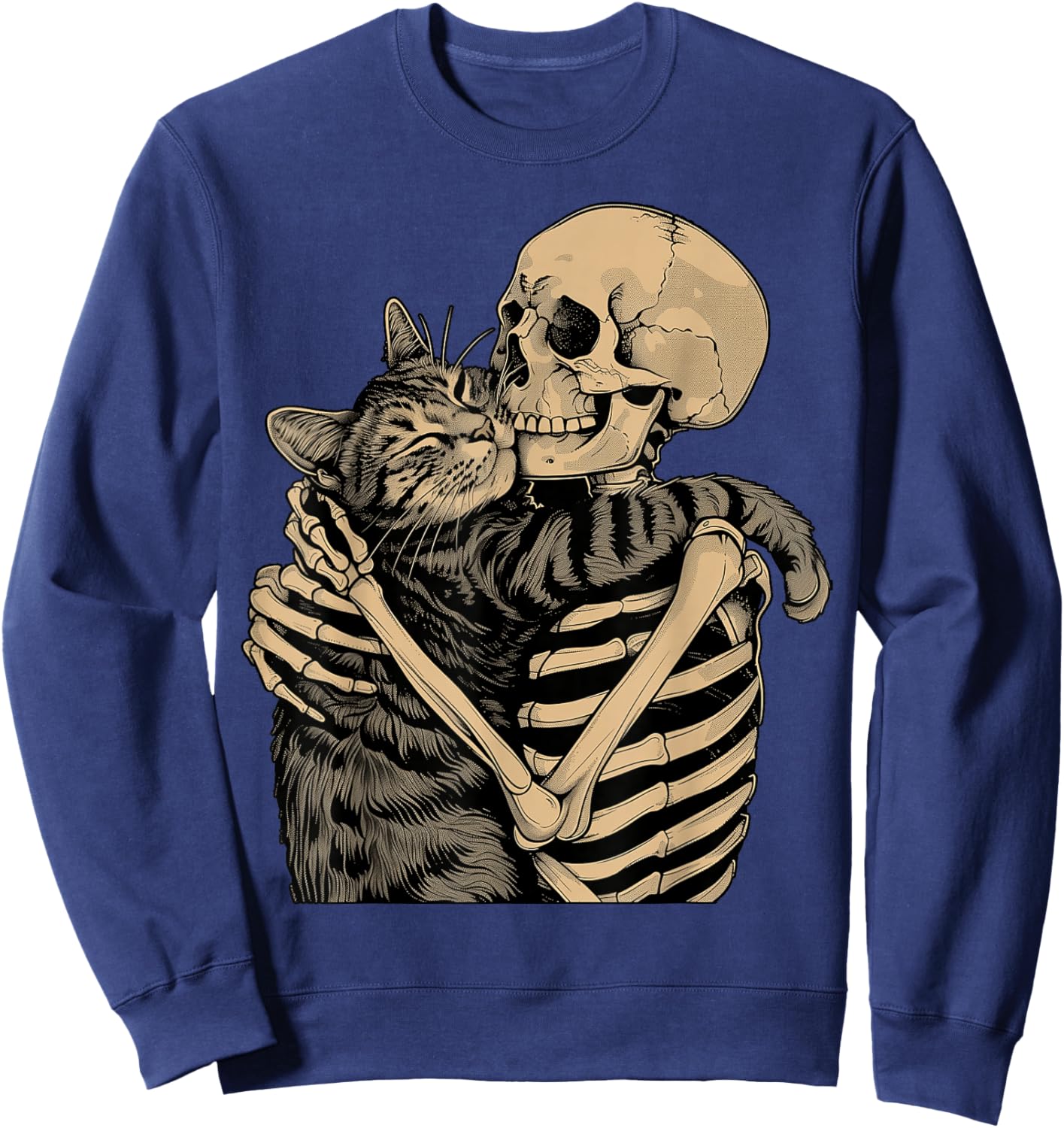 Skeleton Hugging Cat Halloween Cat Lover Cat Mom Dad Sweatshirt - Sweatshirt | Navy