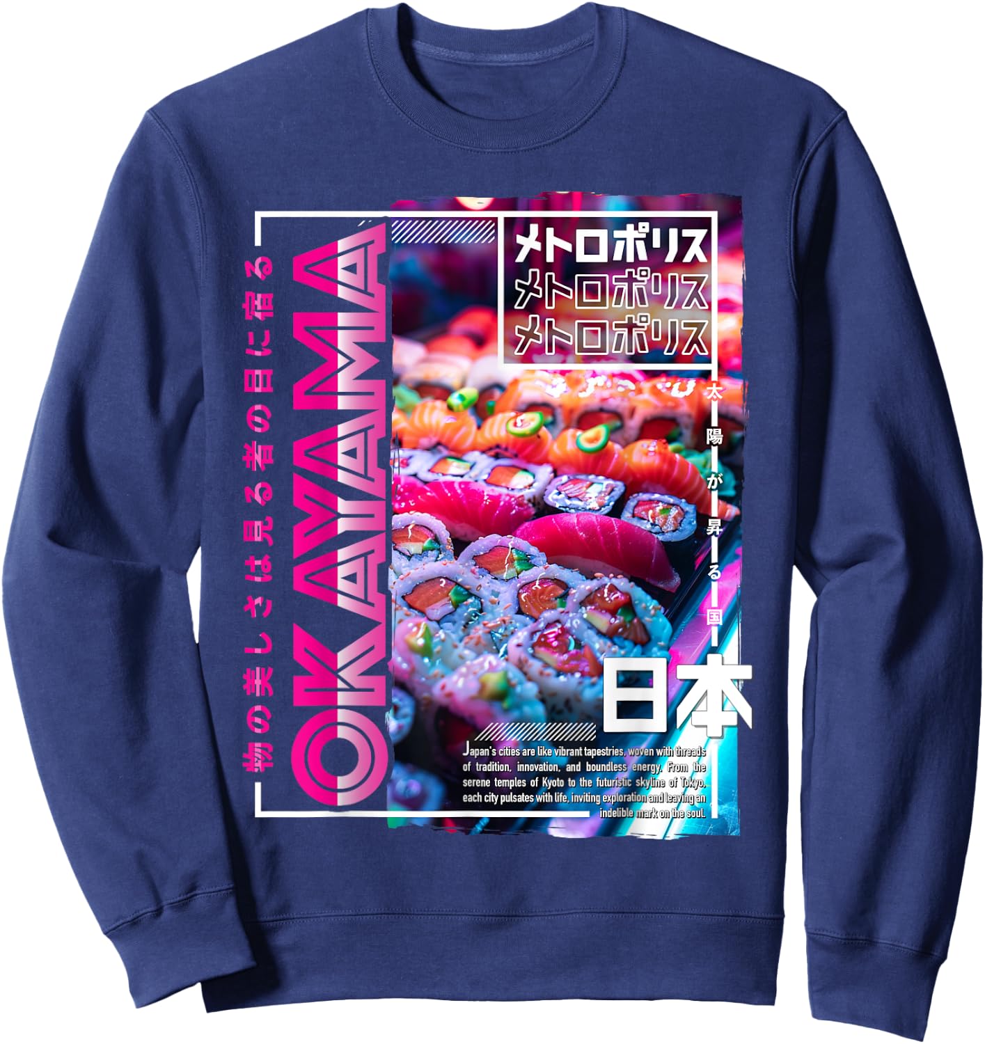 Okayama City 80s Synthwave Sushi Japan Okayama Sweatshirt - Sweatshirt | Navy