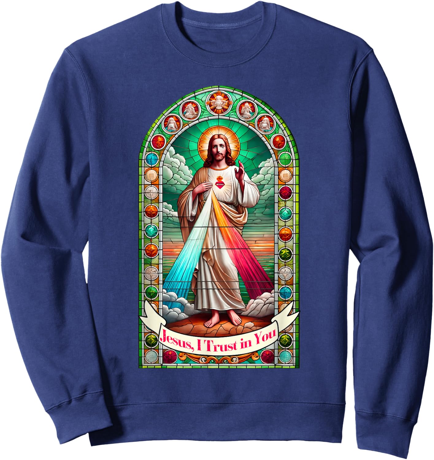 Jesus I Trust In You Faith Divine Mercy Graphic Catholic Sweatshirt - Sweatshirt | Navy