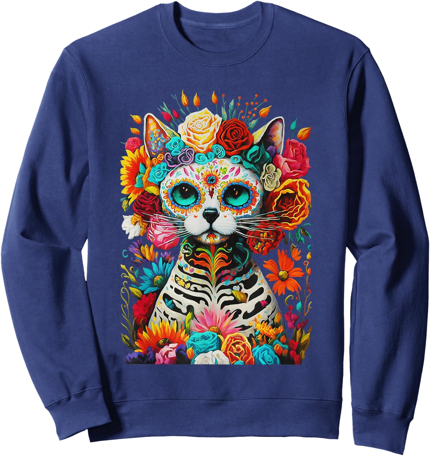 Sugar Skull Cat De Los Muertos La Catrina Day Of The Dead Women Kids Sweatshirt - Sweatshirt | Navy