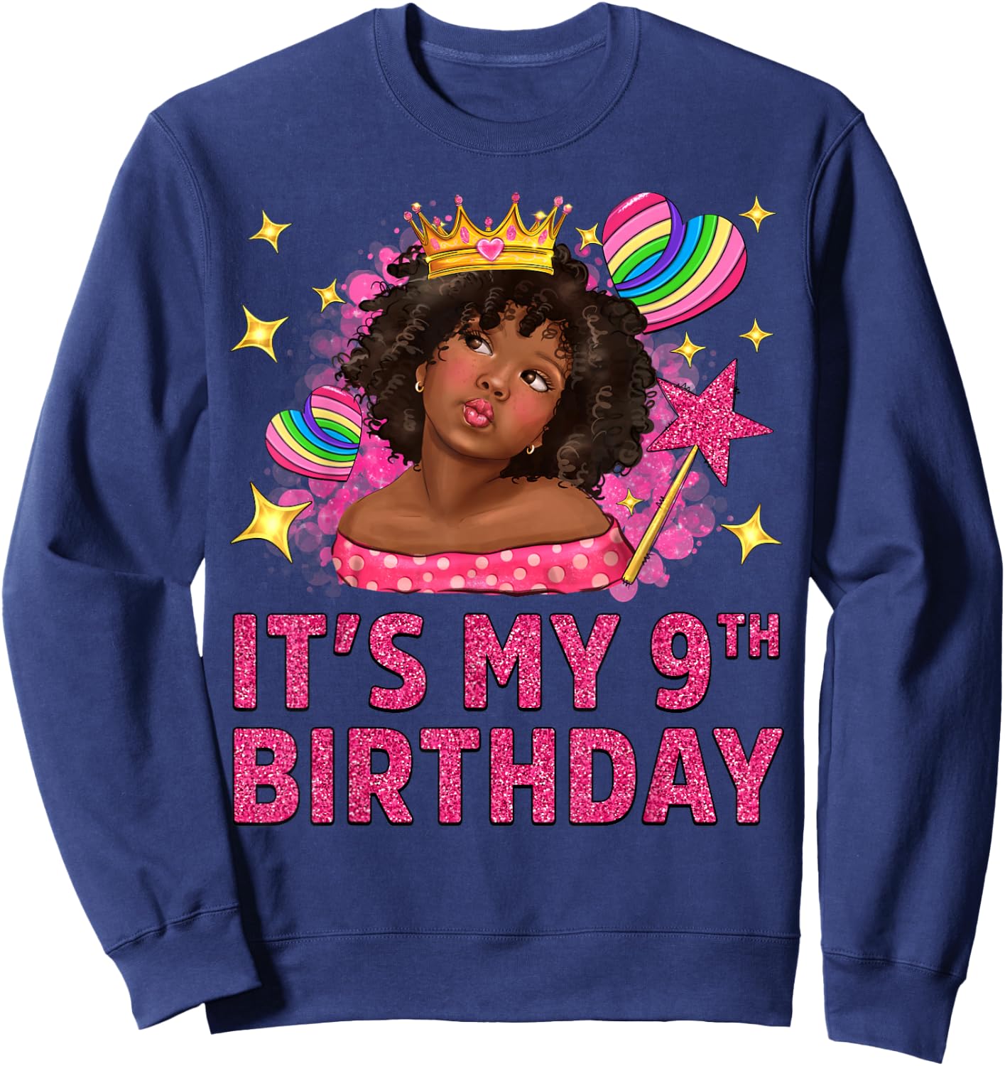 It's My 9th Birthday Black Girl African American Black Kids Sweatshirt - Sweatshirt | Navy