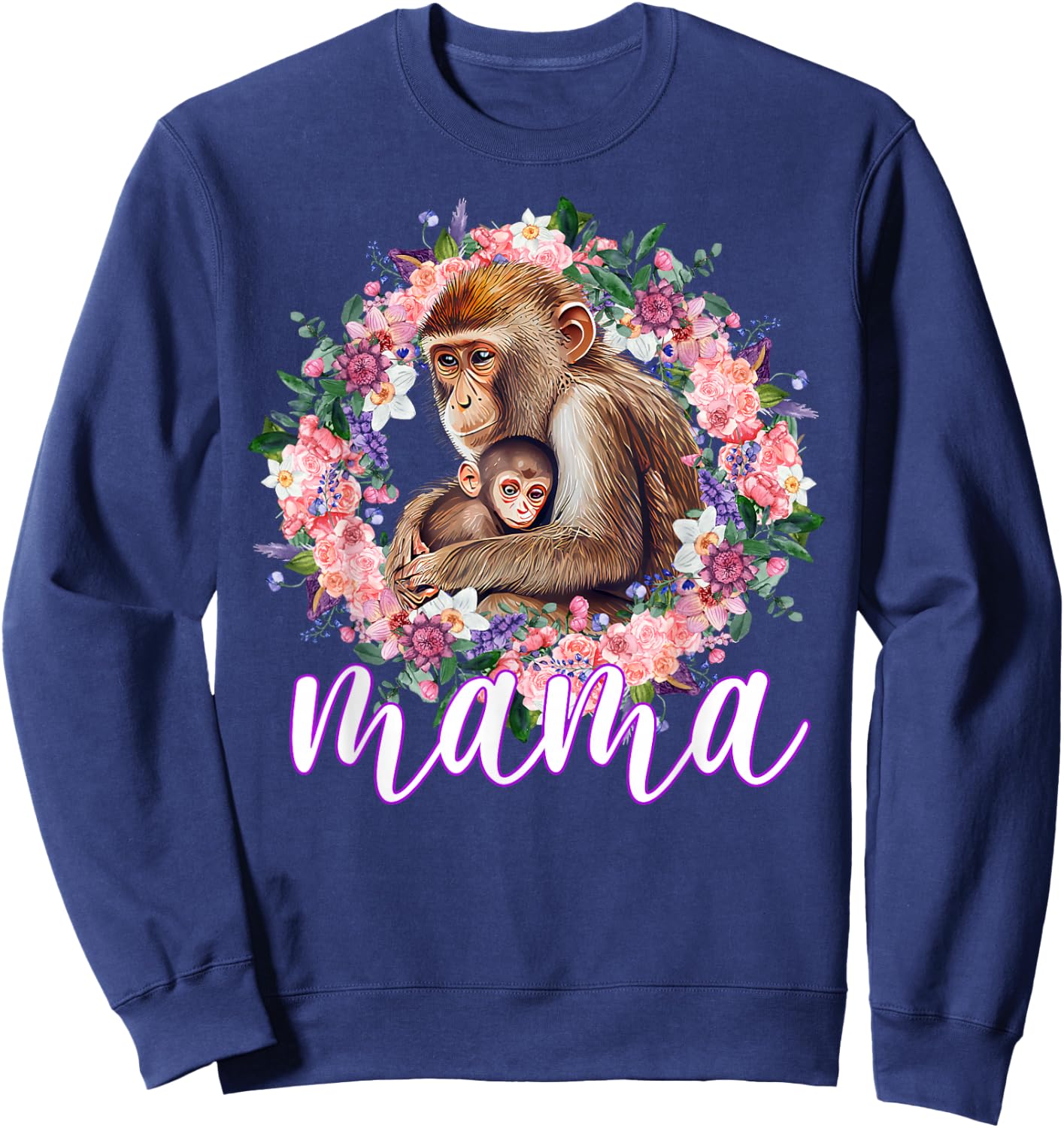 Flowers Mom & Cute Baby Monkey - Animal Mama Mother's Day Sweatshirt - Sweatshirt | Navy
