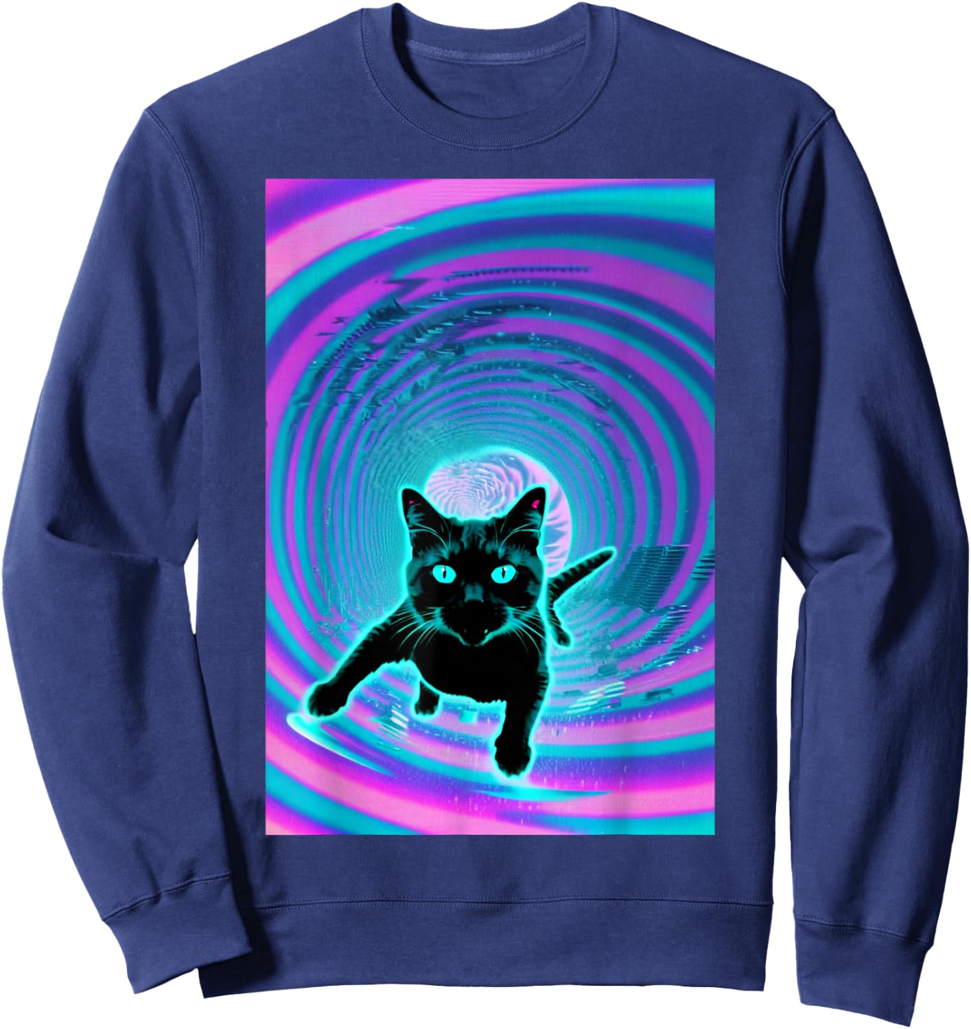Trippy Glitch Weirdcore Cat Vortex Surfing Vaporwave Women Sweatshirt - Sweatshirt | Navy