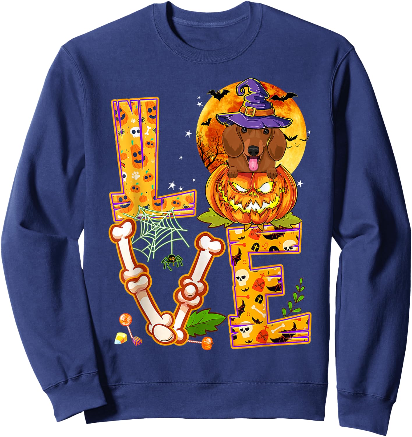 Love Dachshund Witch Pumpkin Scary Halloween Dog Lovers Sweatshirt - Sweatshirt | Navy