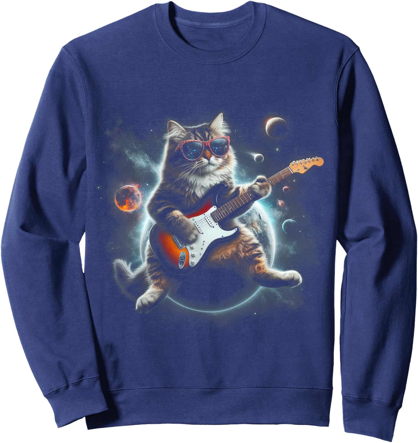 Rock Cat Playing Guitar Electric in space Funny kitty Galaxy Women Kids Sweatshirt - Sweatshirt | Navy