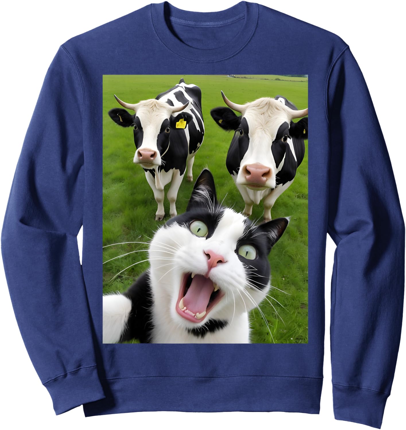 Funny Black And White Cat Cow Selfie Sweatshirt - Sweatshirt | Navy