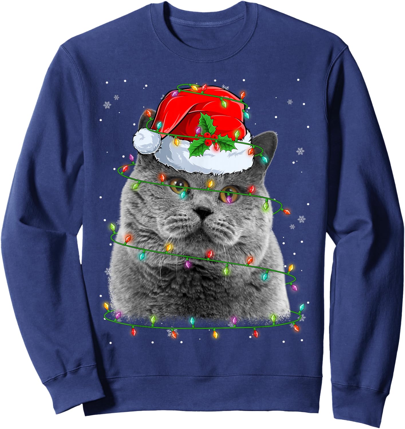 Funny British Shorthair Cat Santa Hat Christmas Tree Lights Sweatshirt - Sweatshirt | Navy