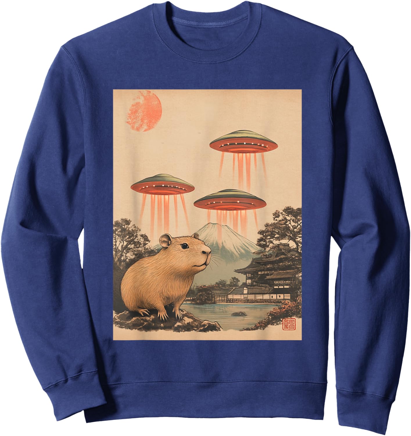 Vintage Japan Art Japanese Retro Print Capybara with UFOs Sweatshirt - Sweatshirt | Navy